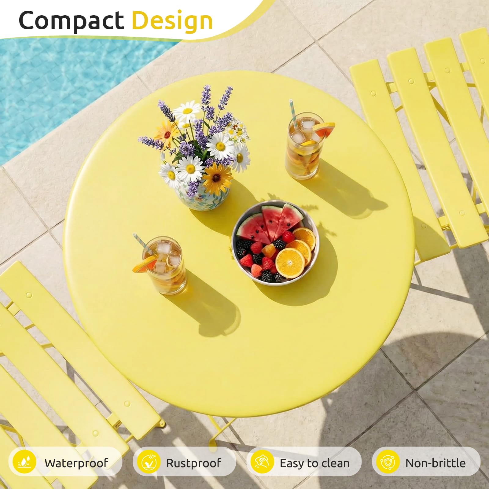 LIFERUN 3-Piece Folding Bistro Set Outdoor, Powder Coated Weatherproof Patio Furniture Set, Bistro Table and Chairs Set of 2 for Cafe, Patio, Garden, Balcony, Space Saving, Yellow