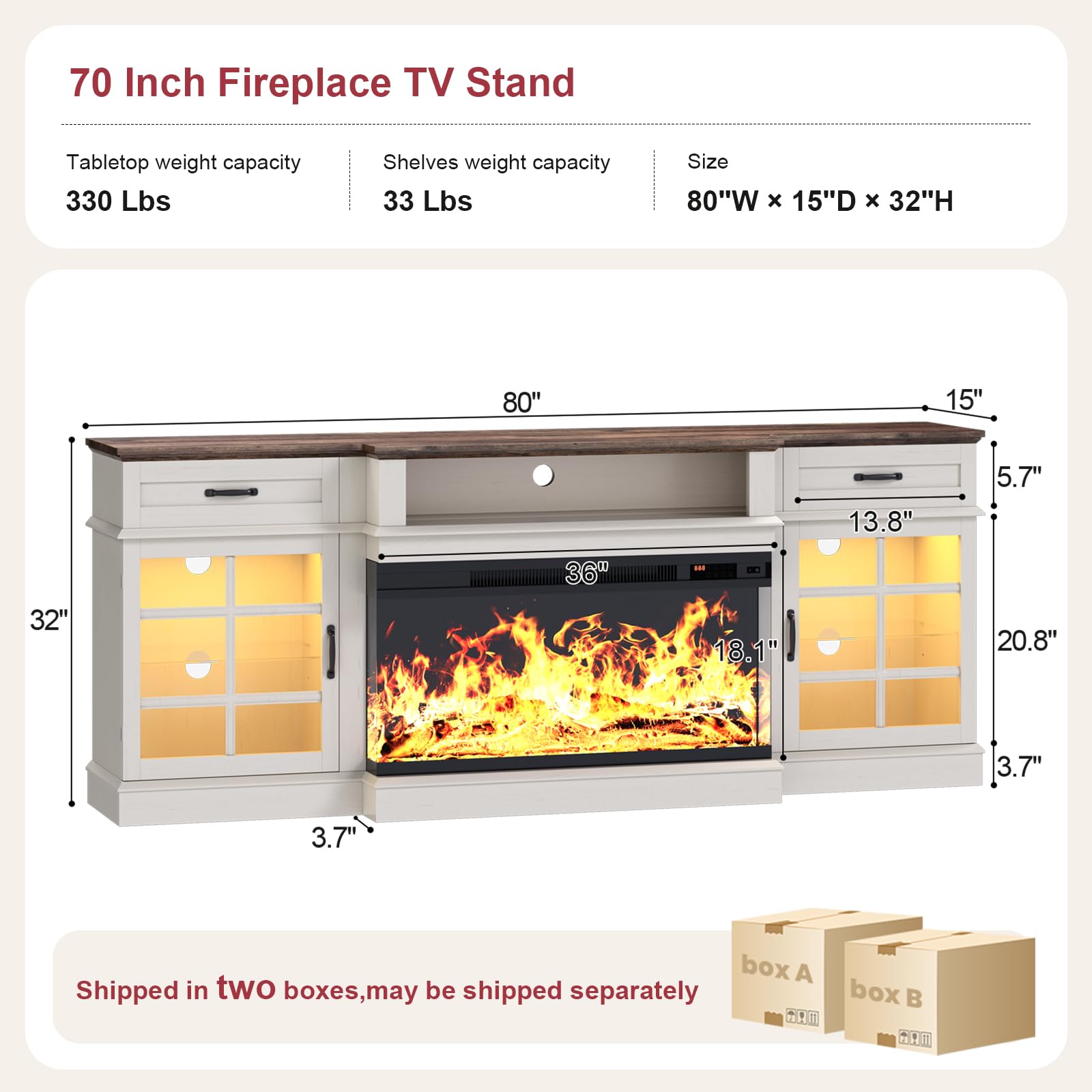 OneBlis 80" TV Stand with 36" Electric Fireplace, Entertainment Center Console Table for TV up to 90'', Fireplace TV Stand with Open Storage Shelves and Glass Door for Living Room, White