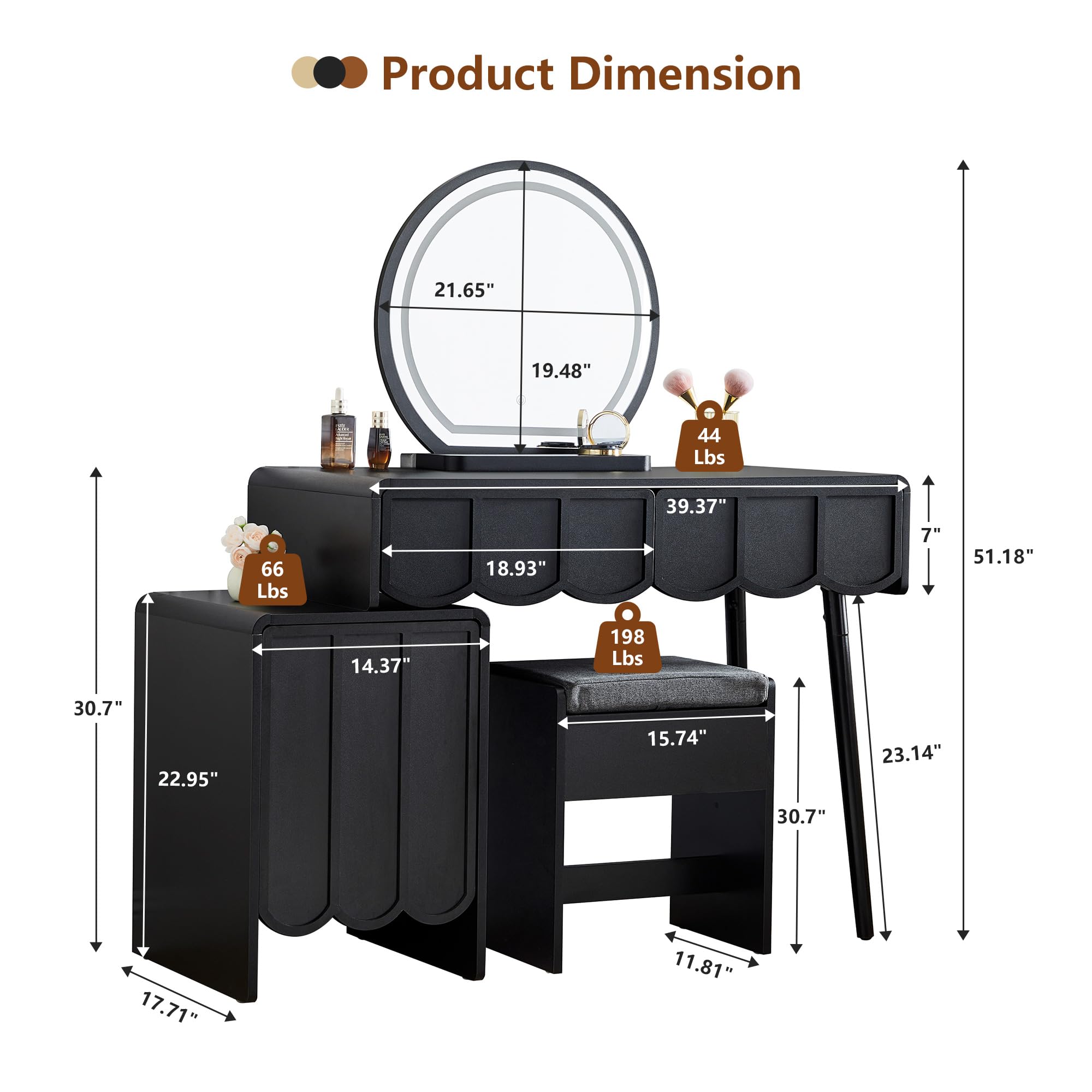 ORRD Vanity Desk with Mirror and Lights, Modern Wood Wave Panel Vanity Desk Set Makeup Table with Drawers and Cabinet, Dressing Table with Storage for Bedroom, Black