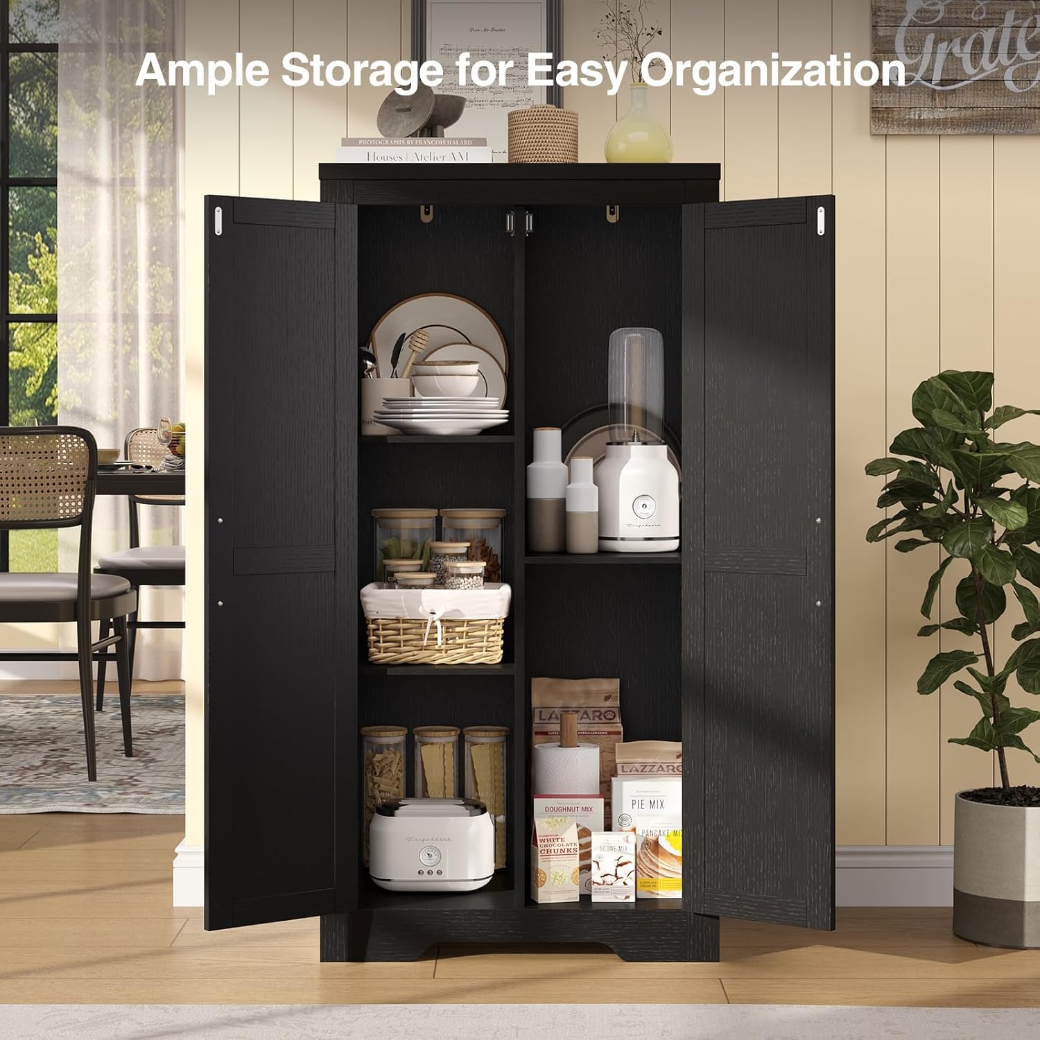 Befrases 47" Kitchen Pantry Cabinet, Farmhouse Kitchen Pantry Storage Cabinets with 2 Door and 2 Adjustable Shelves, Freestanding Cupboard for Dining Room, Living Room, Bathroom (Black)