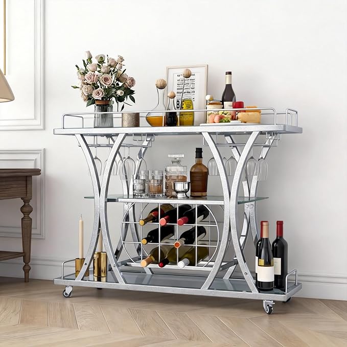 3-Tier Rolling Bar Cart with Glass Shelves