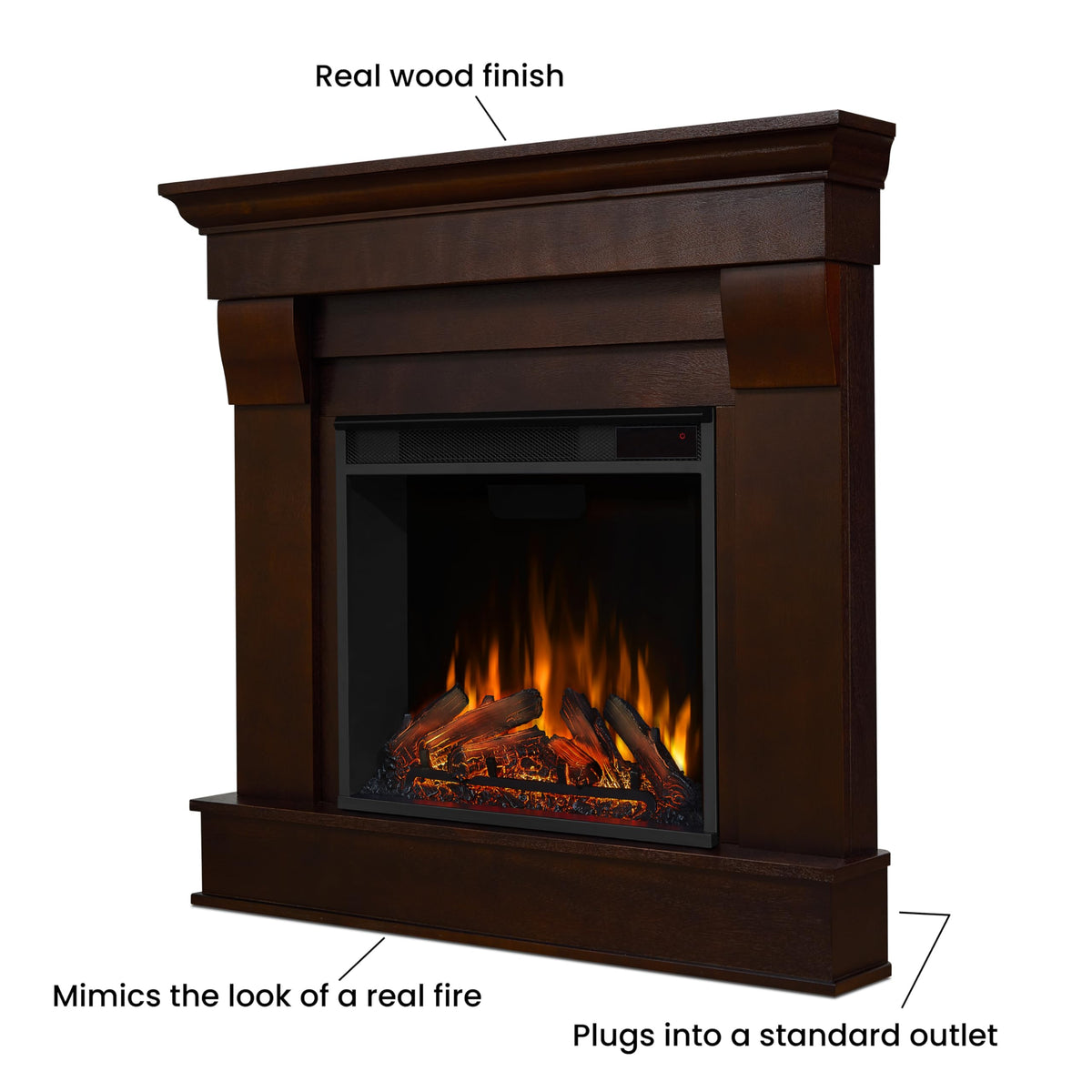 Real Flame Chateau 41" Corner Electric Fireplace with Mantel for Living Room or Bedroom, Replaceable Fireplace Insert Heater, Realistic Log and Flame Effect, Remote Control, Timer - Dark Walnut
