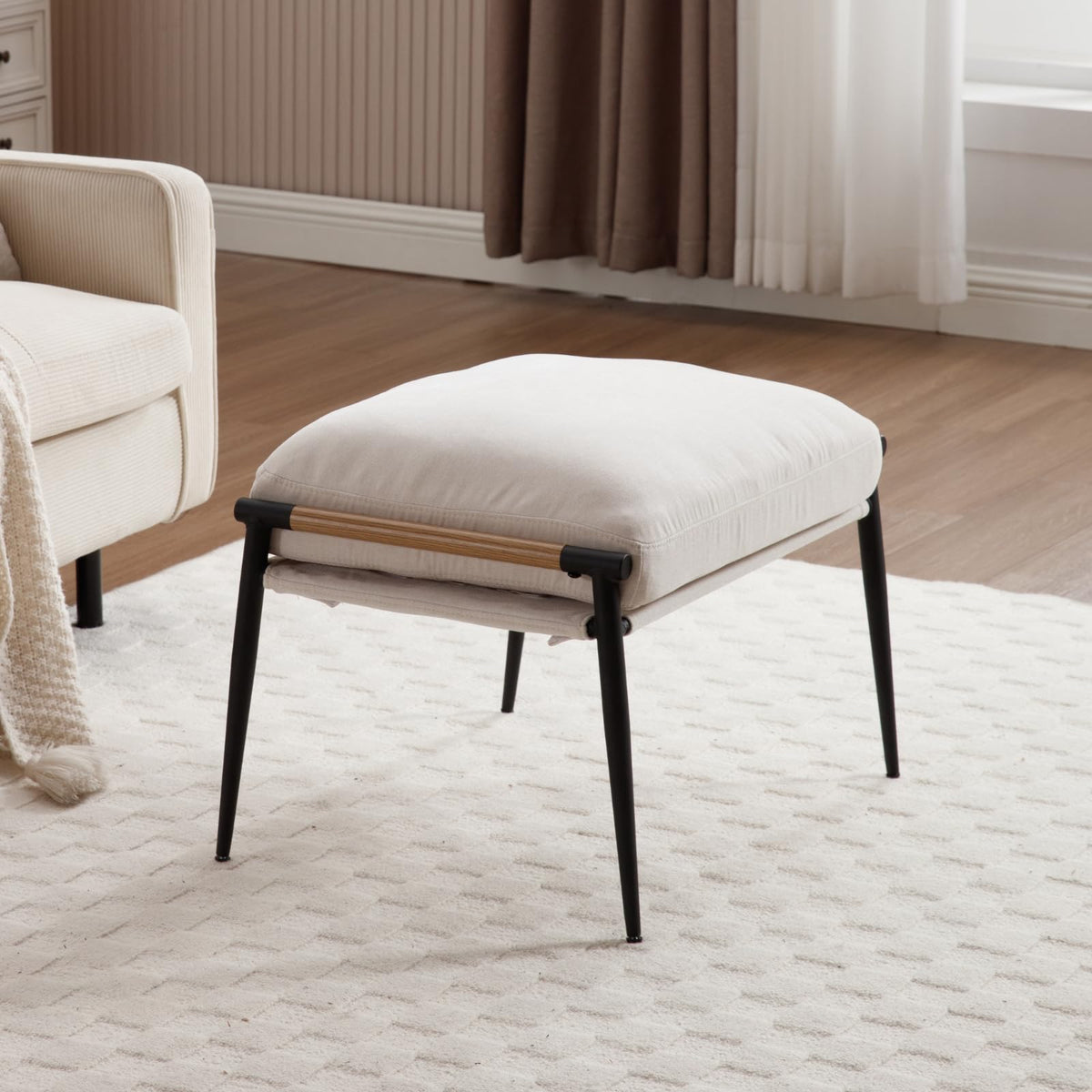 Ya-Home Mid-Century Ottoman, Soft Chenille Fabric Entryway Bench Ottoman Foot Rest with Metal Legs Single Seat for Living Room Reading Room, Beige