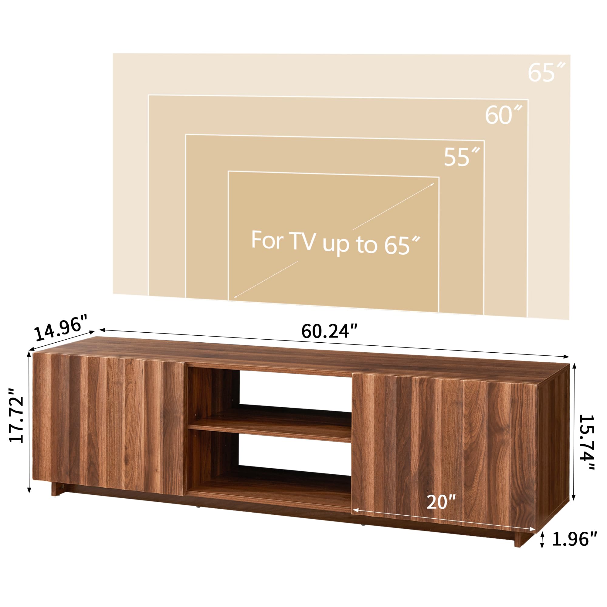 Bifins 61 inch TV Stand for Televisions up to 65 Inches, Mid Century Modern Fluted Entertainment Center TV Console Table with Storage and Adjustable Shelve for Living Room Bedroom (Walnut)