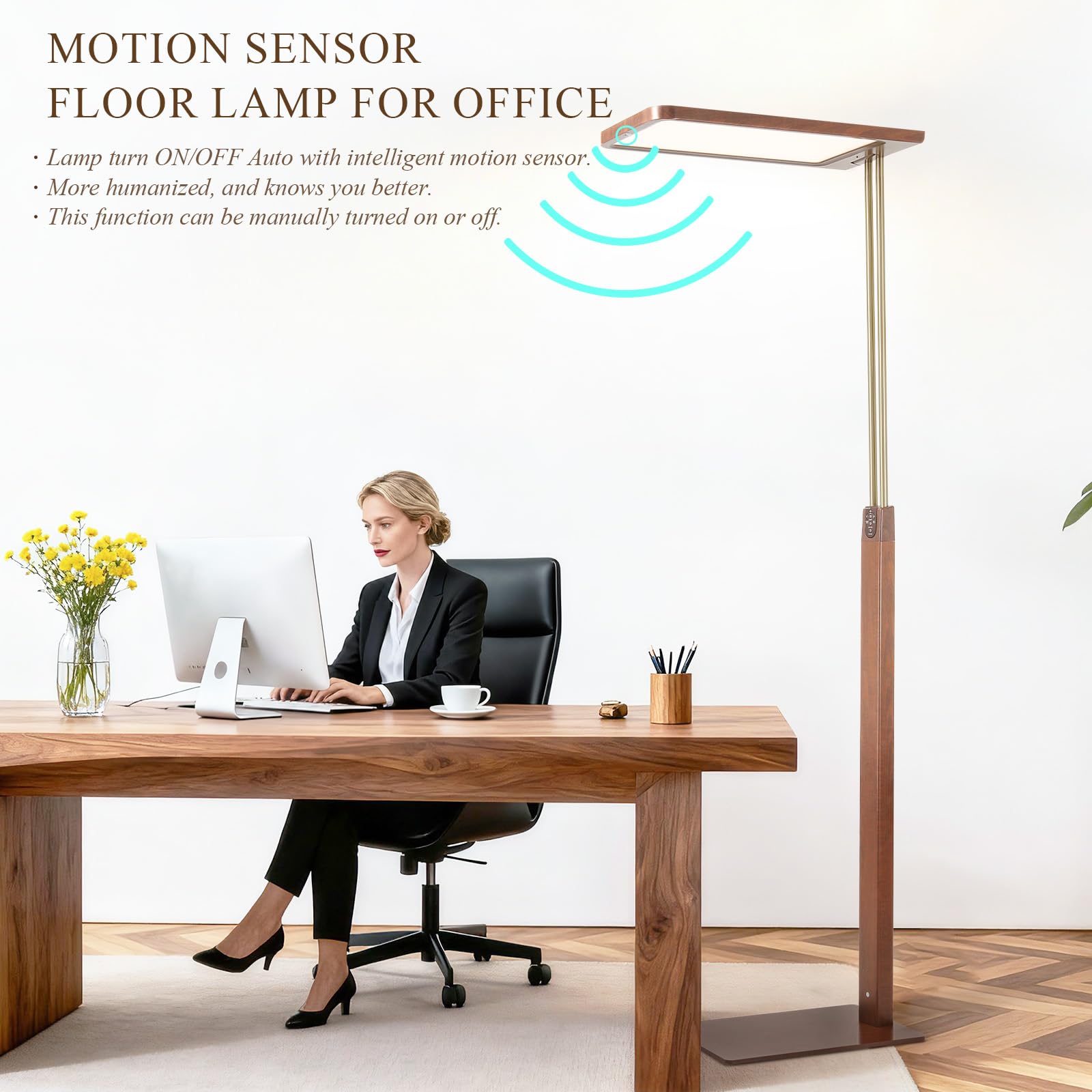 STERREN Vintage LED Floor Lamp, 10500LM Eye-Care Height Adjustable Free-Standing Lamps, 110W Full Spectrum Reading Light for Office, Meeting Room, 2700-5000K, Black Walnut Wood Finish