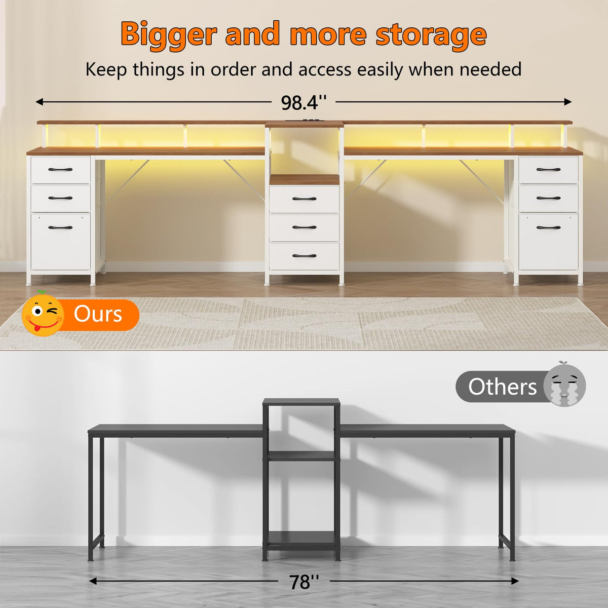 98 Inch 2 Person Desk with 9 Drawers and Outlets for Home Office ＆ Gaming
