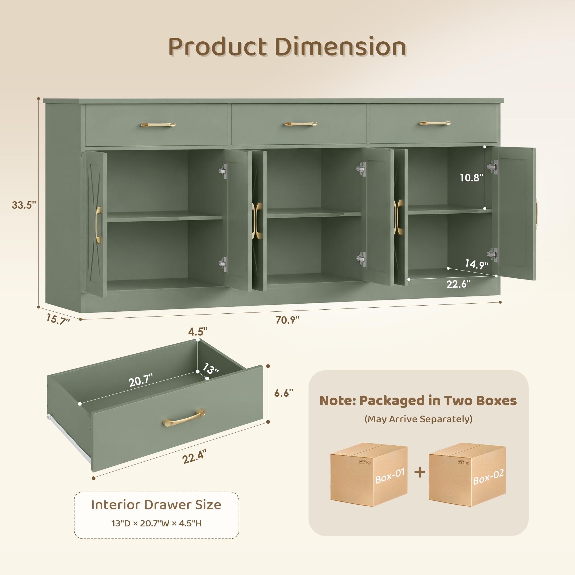 71" Farmhouse Sideboard Buffet Cabinet with Storage