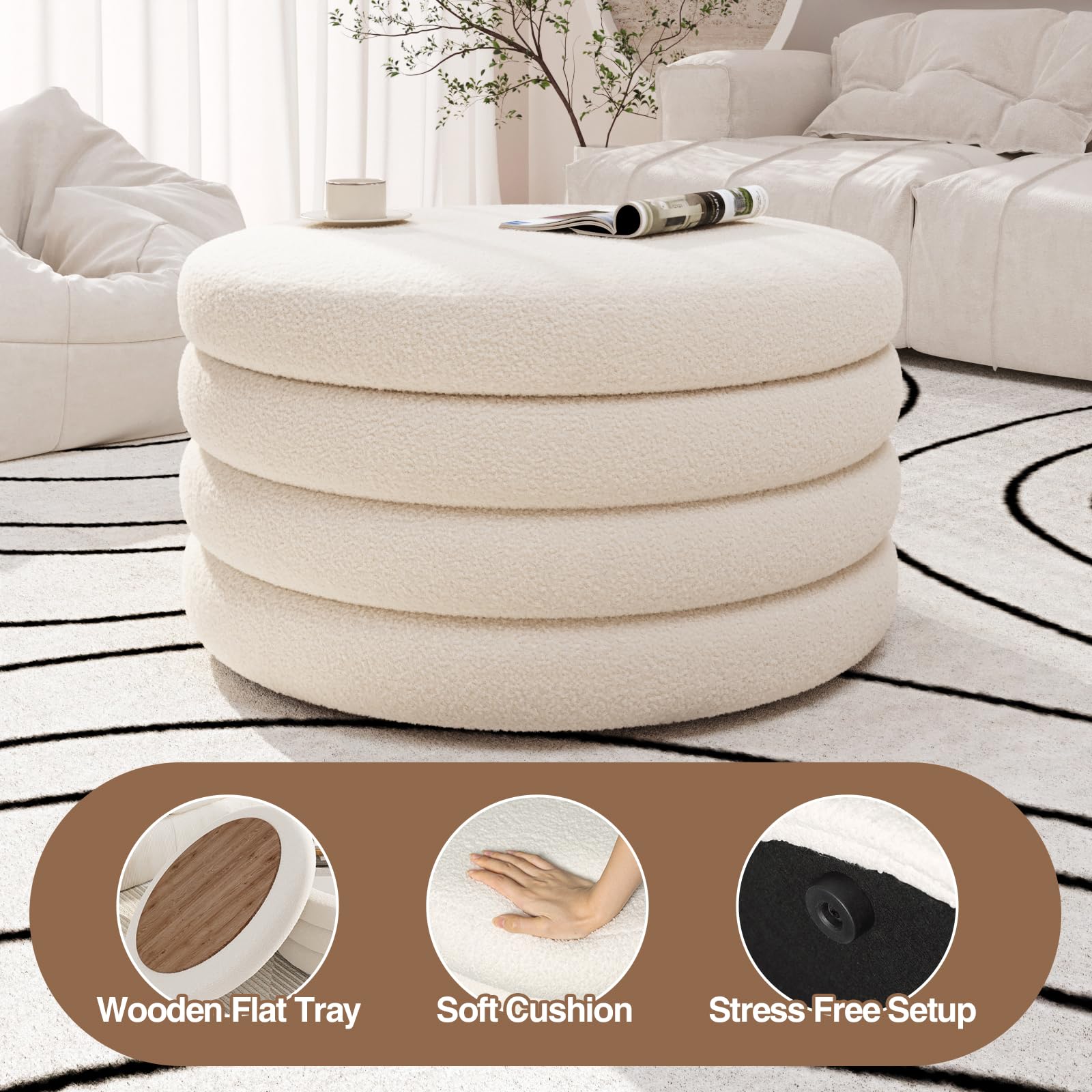 Round Sherpa Storage Ottoman with Tray