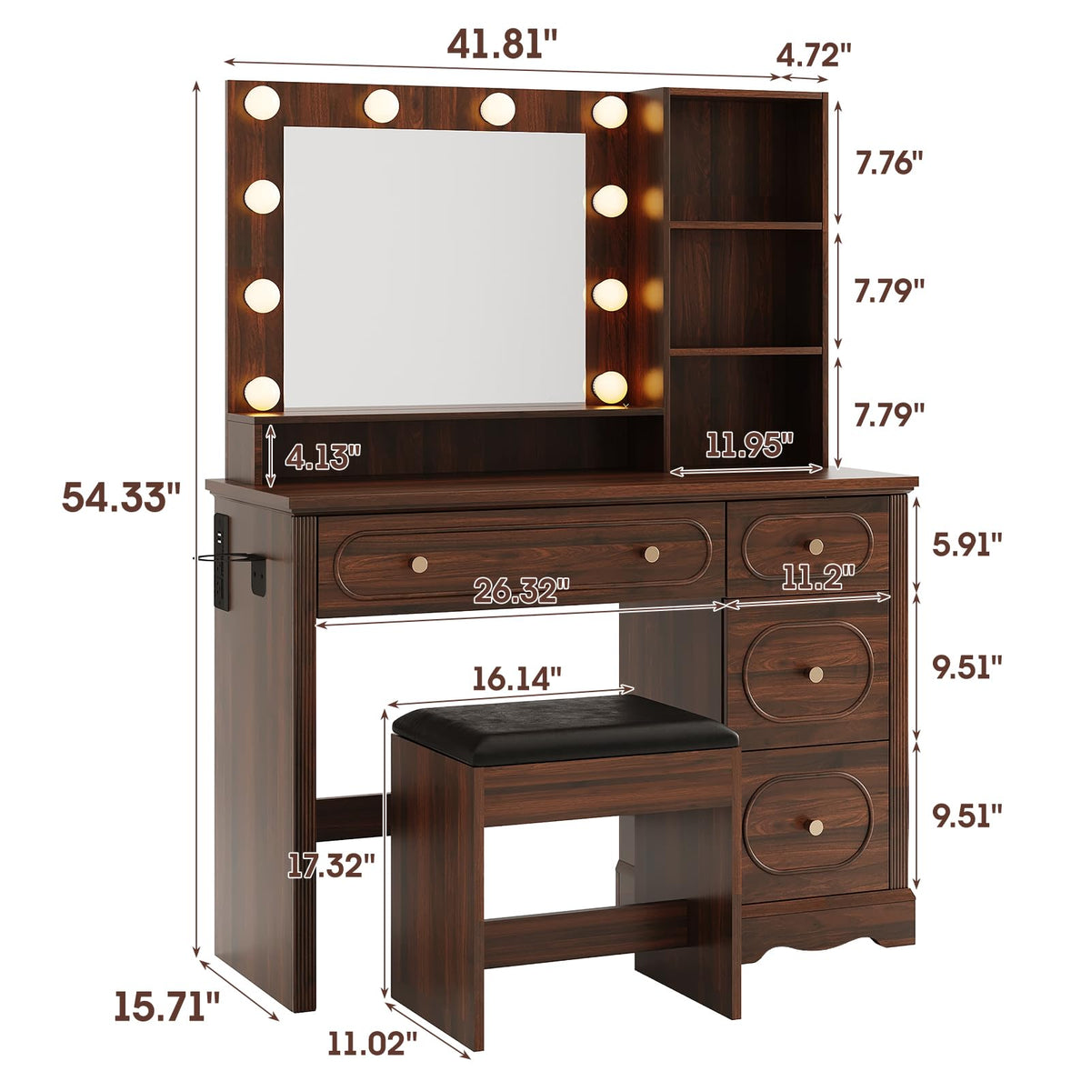 Walnut Brown Lighted Makeup Vanity