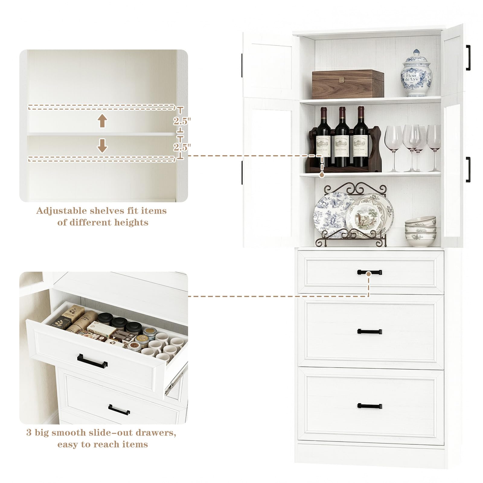 Unikito 80" Tall Kitchen Pantry Storage Cabinet with Glass Doors, Adjustable Shelves & 6 Drawers, Versatile Tall Storage Cupboard for Kitchen, Dining Room, Living Room, Bathroom, Off White