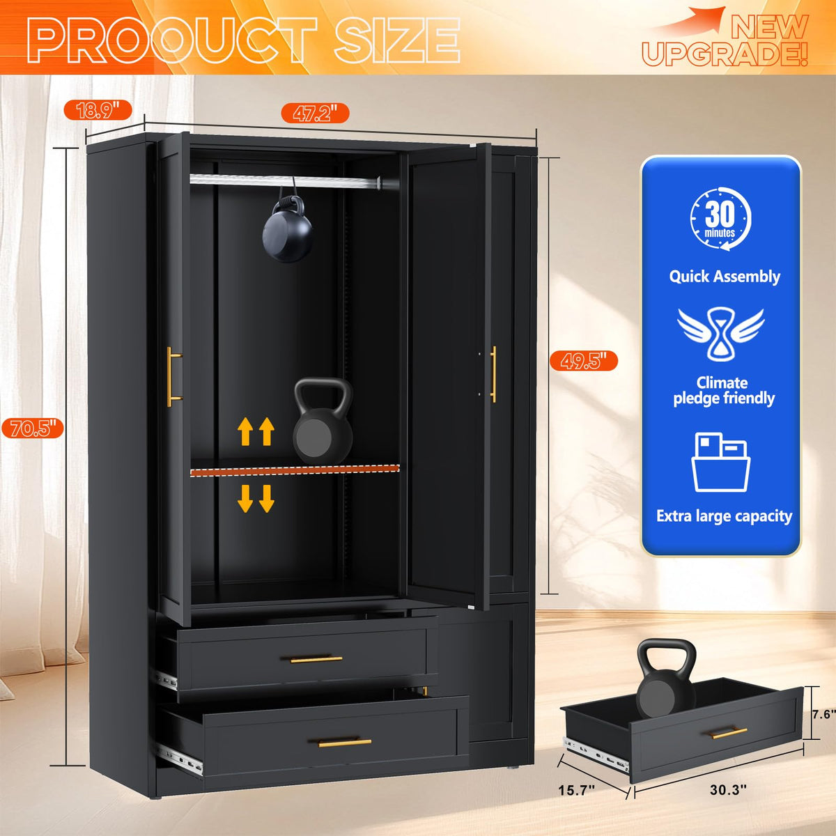 GAIOUS Metal Armoire Wardrobe Closet, Freestanding Clothing Storage Cabinet