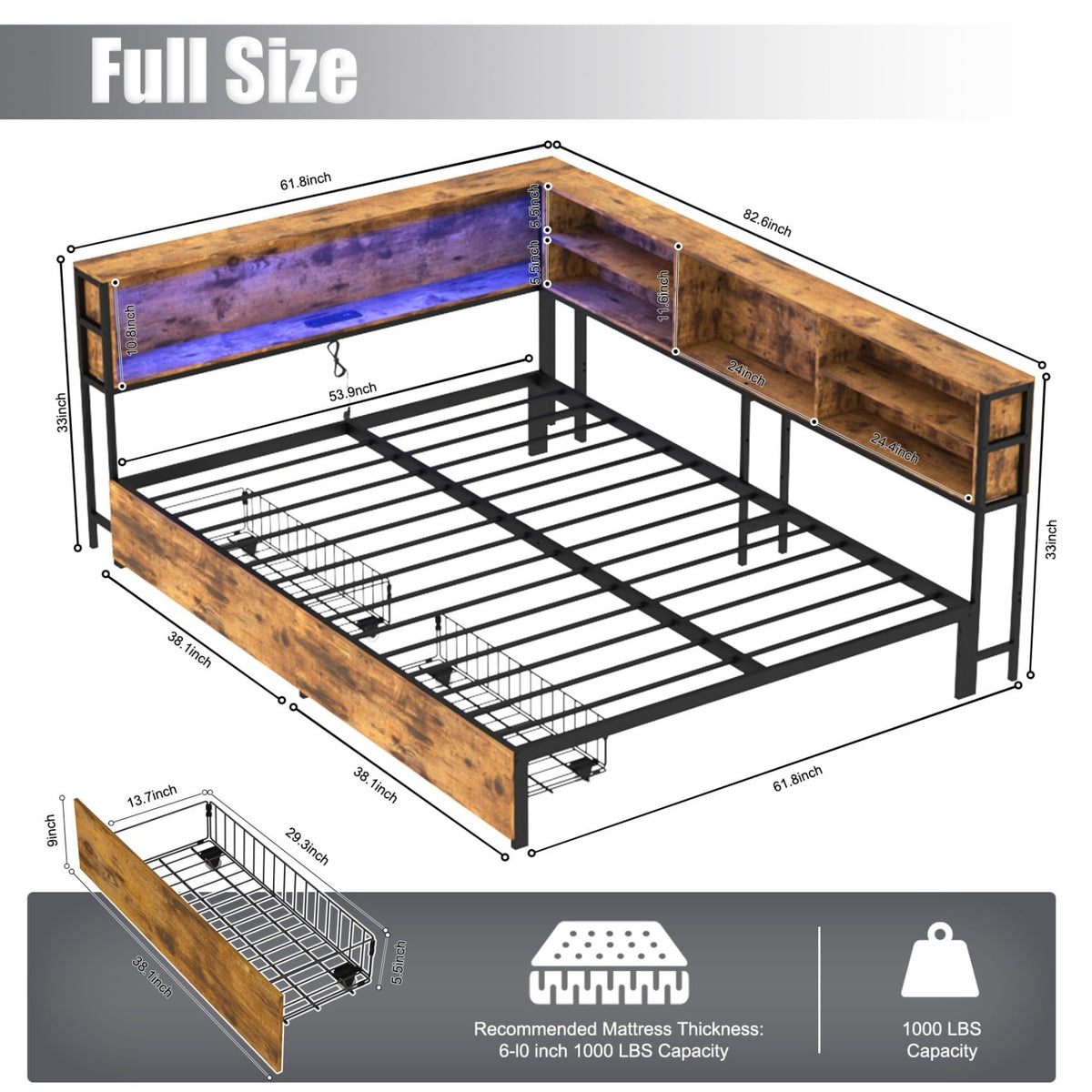 KEIKI Full Size Corner Bed Frames with Storage Drawers, Charging Station, Led Light & Bookcase Headboard, Wooden & Metal L-Shaped Captain Daybed for Small Room, Bedroom, Guest Room, kids'Room, Brown
