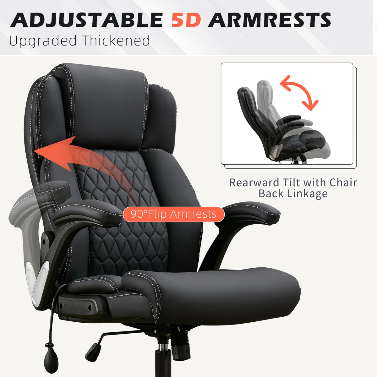 700lbs Big and Tall Office Chair - Heavy Duty Executive Desk Chair with Inflatable Lumbar Support, Extra Wide Padded Seat, Flip-up Arms, Metal Base & Quiet Rubber Wheels, High Back Ergonomic Chair