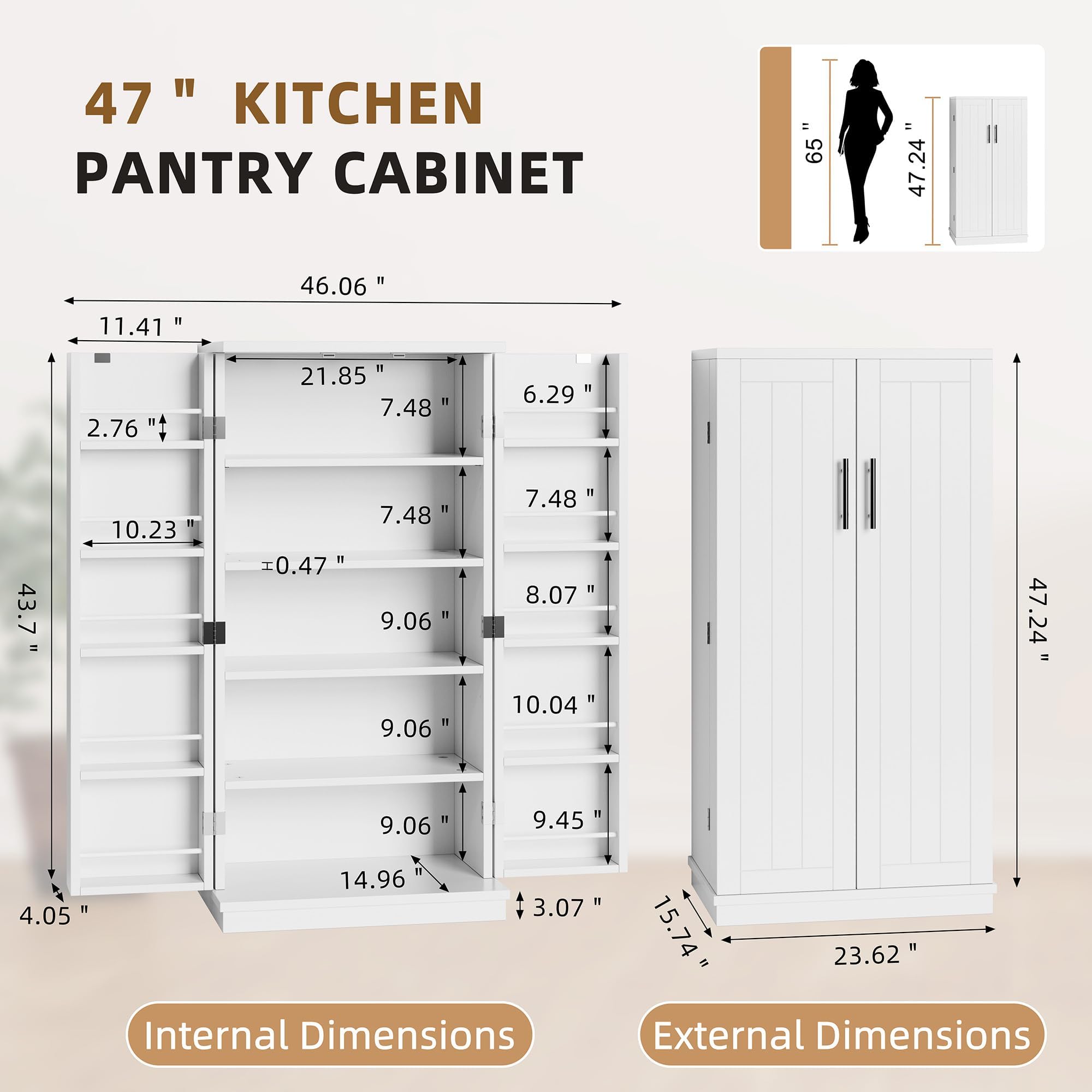 Shintenchi Kitchen Pantry Cabinet,5 - Layer Storage Cupboard with Adjustable Shelves for Organizing and Storing Food Items,47'' Versatile Buffet Sideboard for Kitchen, Bathroom and Laundry,White