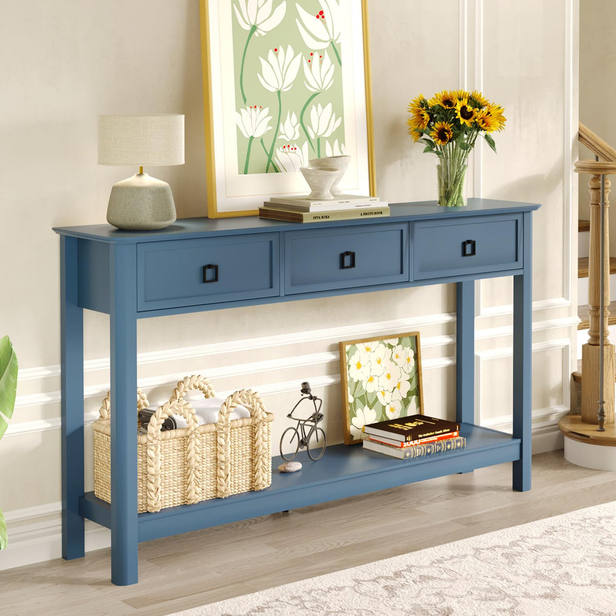 Blue Console Table with 3 Drawers