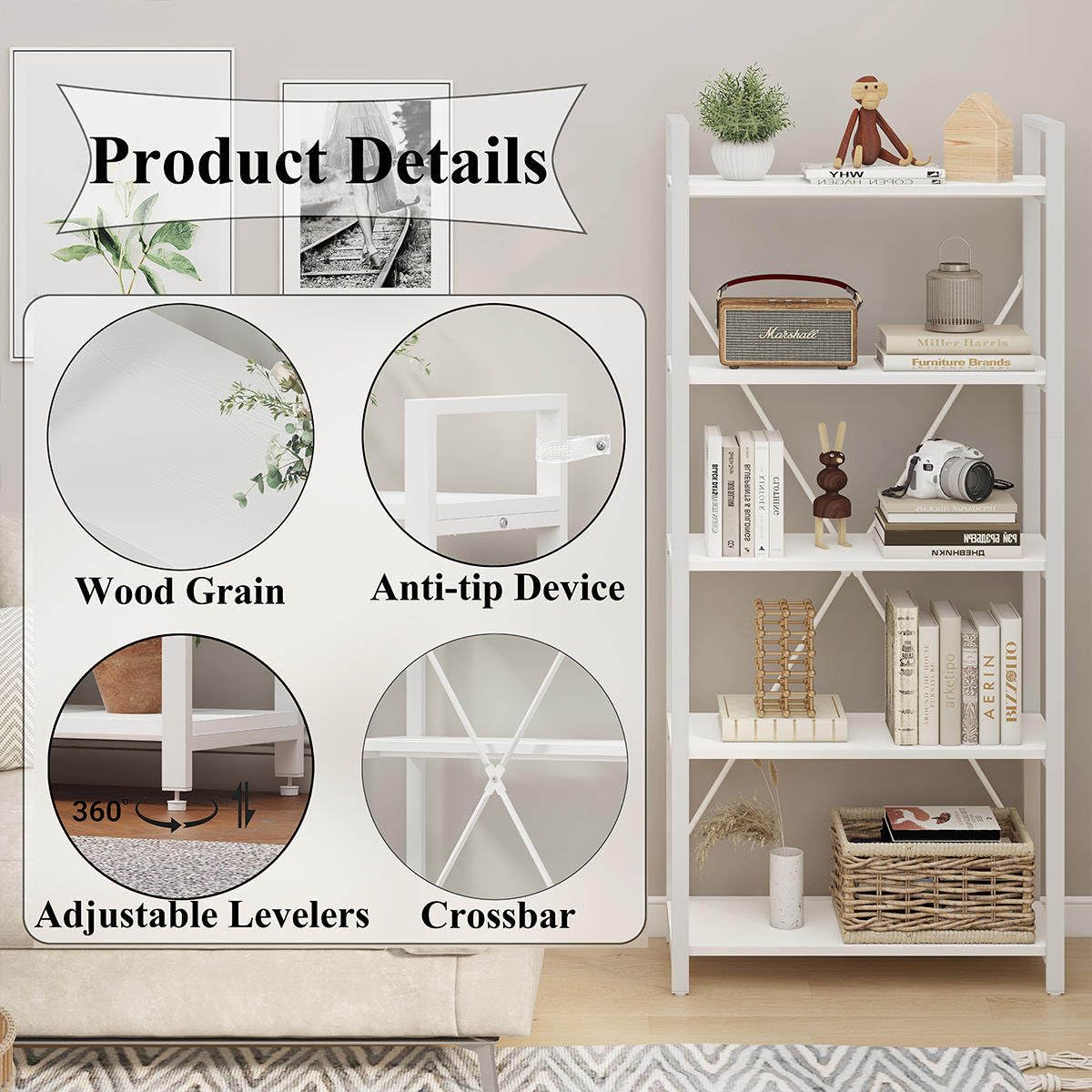 5-Tier White Oak Bookshelf