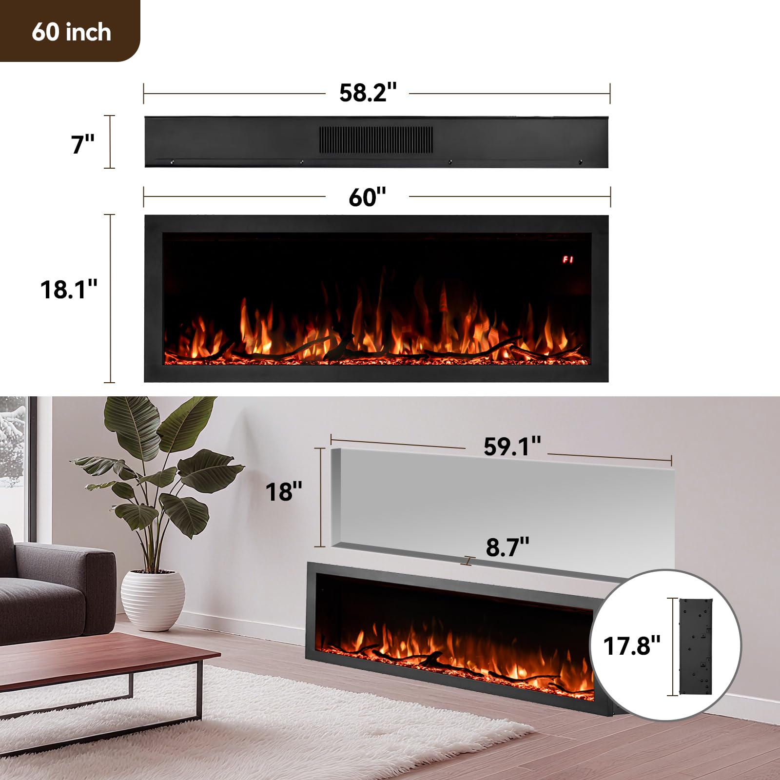 60-Inch Wall Mount Electric Fireplace with App & Remote Control