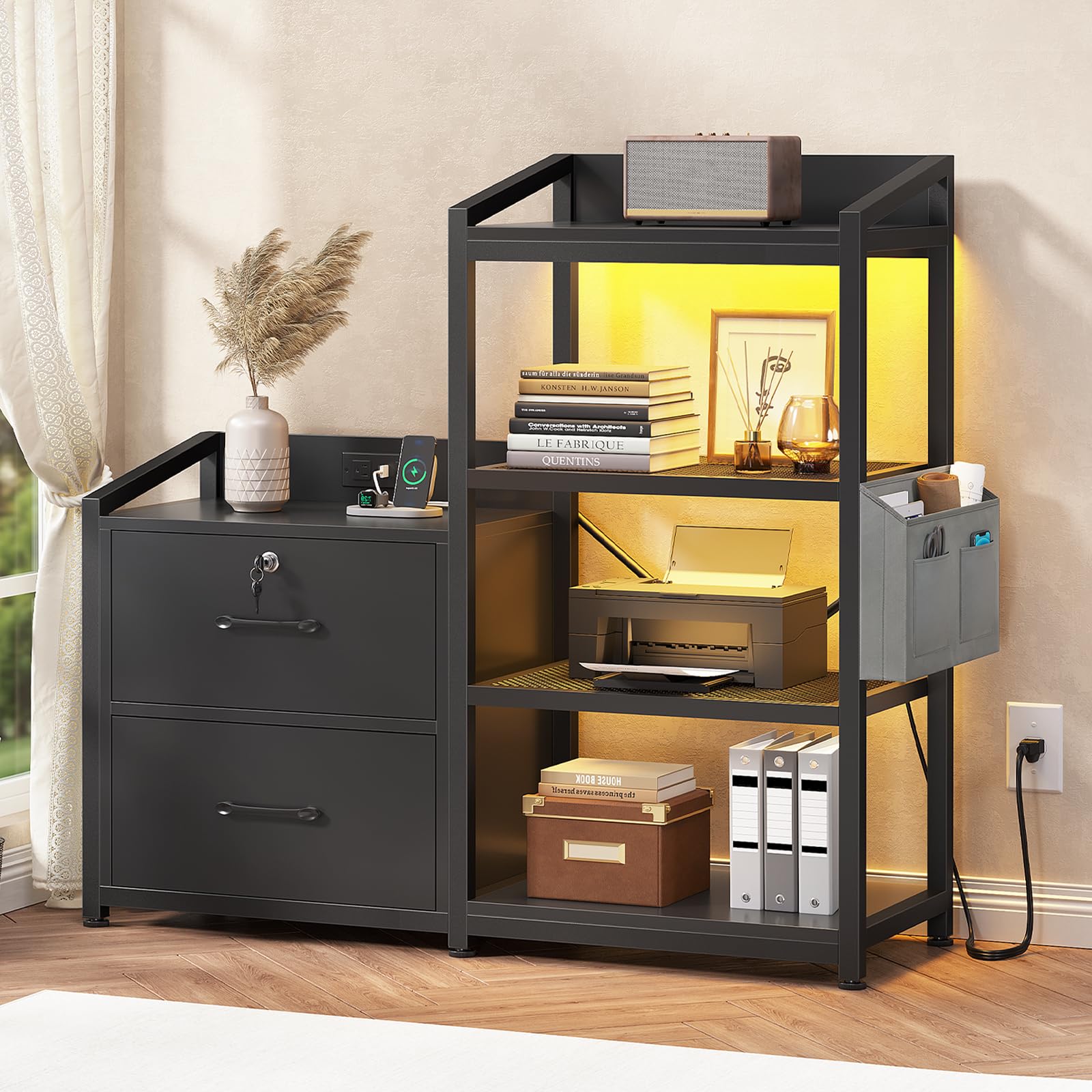 2-Drawer File Cabinet with Power Strip & LED Lights