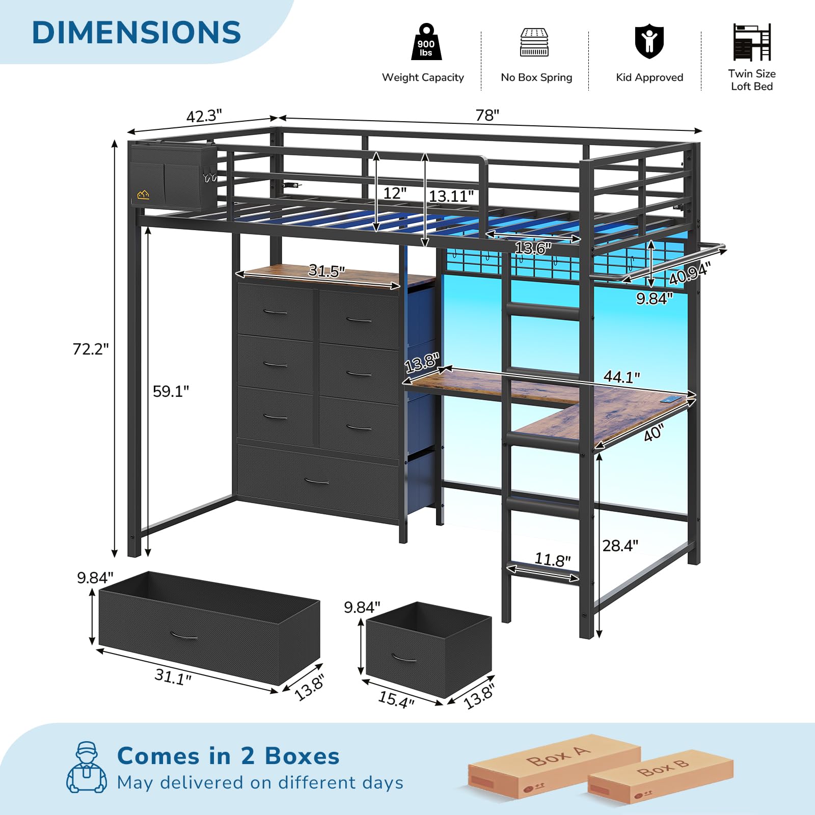 Twin Loft Bed with L-Shaped Desk & Storage