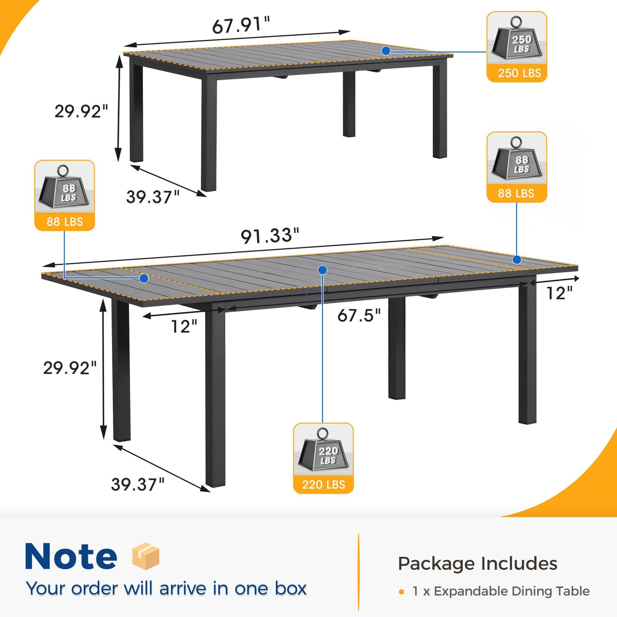 RoyalCraft 91" Expandable Aluminum Patio Outdoor Dining Table