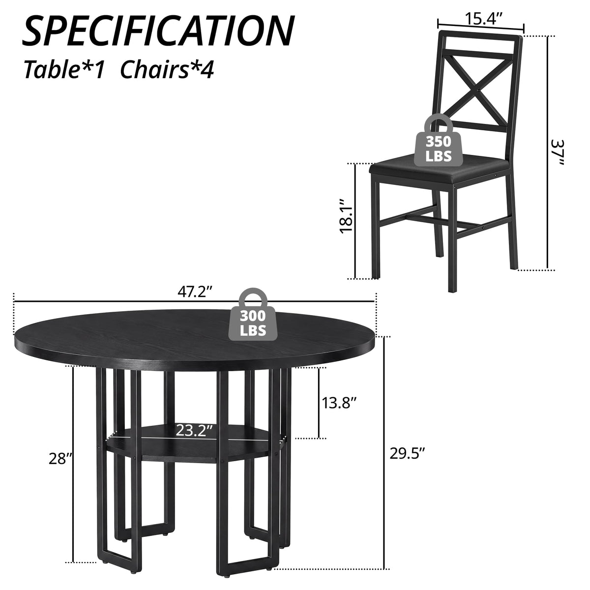 IRONCK Dining Table Set for 4, 47.2 inch Round Kitchen Table and 4 Chairs