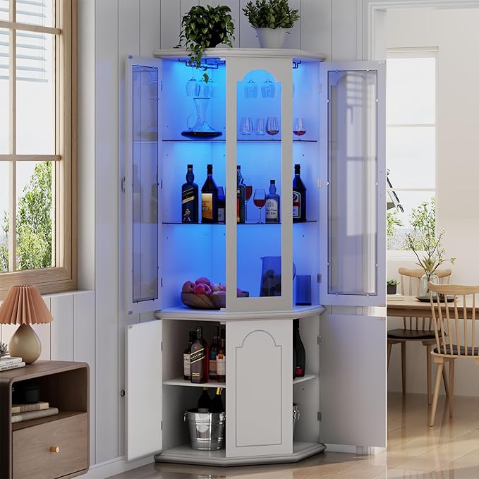 Corner Bar Cabinet with LED Lights & Tempered Glass Door