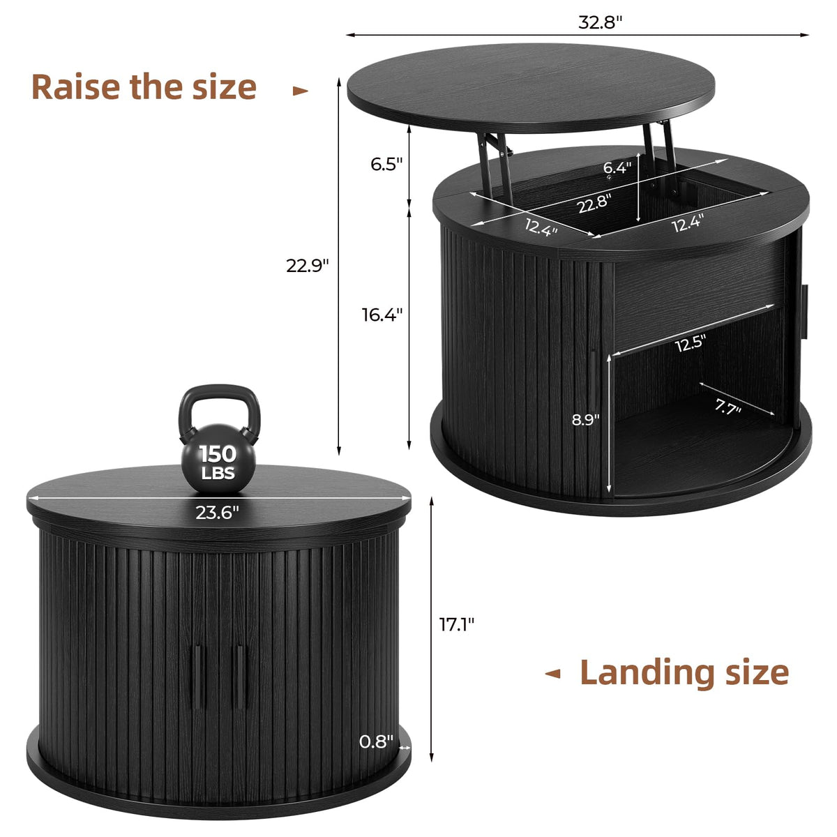 Hizyrina Round Lift Top Coffee Table, 23.6" Fluted Drum Coffee Table with Large Hidden Storage for Living Room, Center Table with Sliding Rolling Door for Small Spaces, Apartment, Home Office, Black