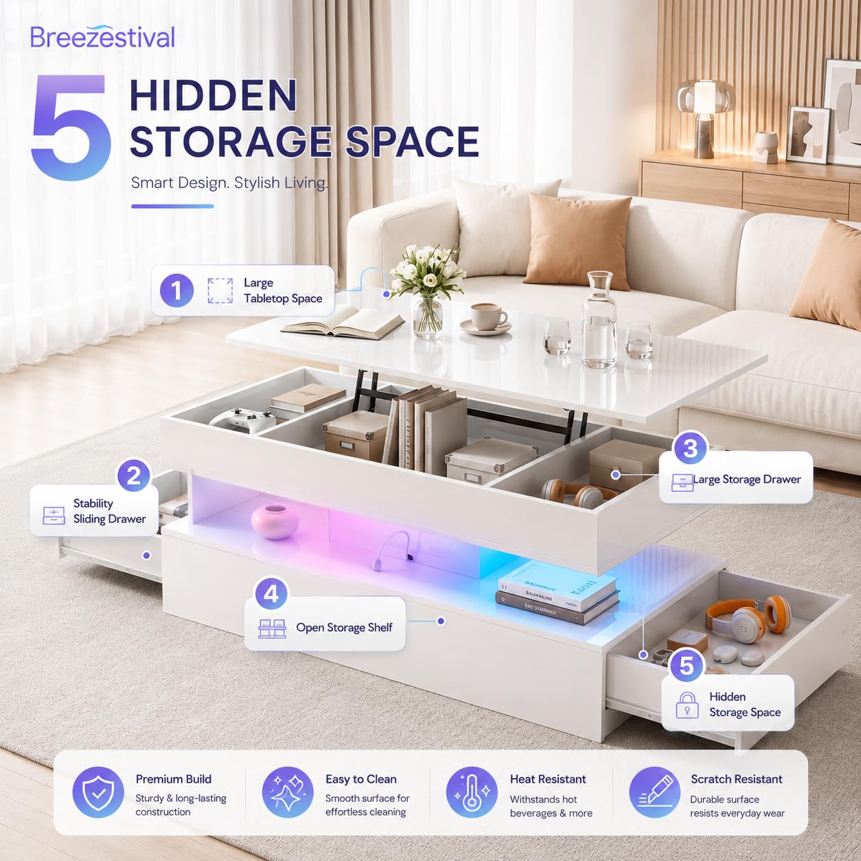 Breezestival 47 Inch LED Lift Top Coffee Table, High Gloss Coffee Table with 2 Sliding Drawers, Open Storage Shelf and Ambient Light, Modern Double-Layer Center Table for Living Room White