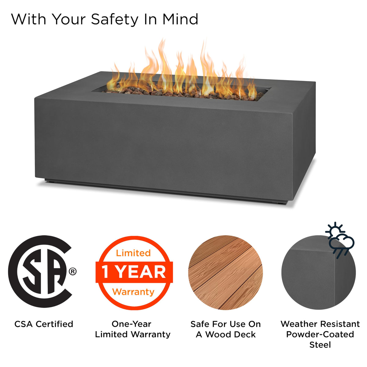 Real Flame Aegean 42in Rectangle Propane or Natural Gas Fire Pit Table, 50,000 BTU, Powder-Coated Steel, Push-Button Ignition, Lava Rock, Storage Cover, Stainless Steel Burner - Weathered Slate