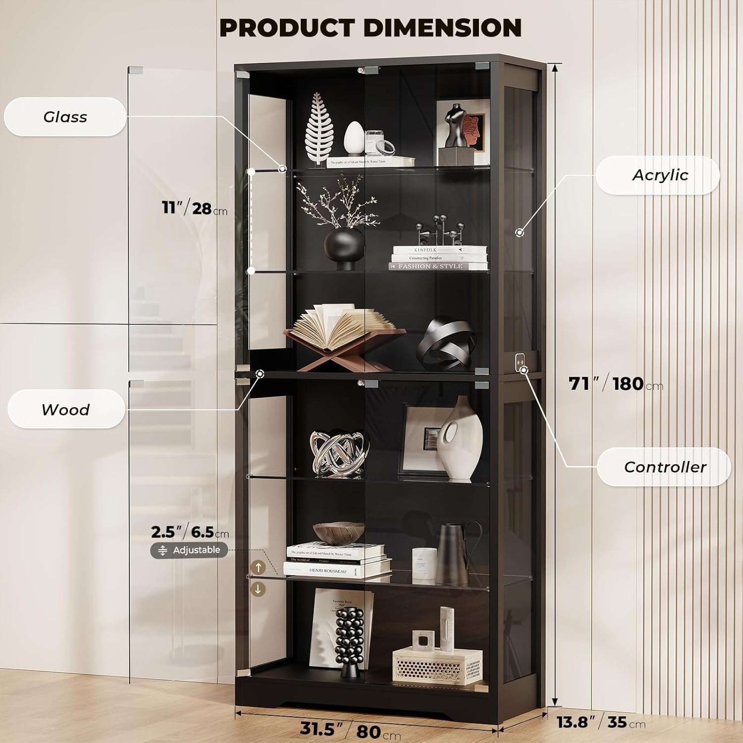 6-Tier Glass Display Cabinet with LED Lights & Motion Sensor