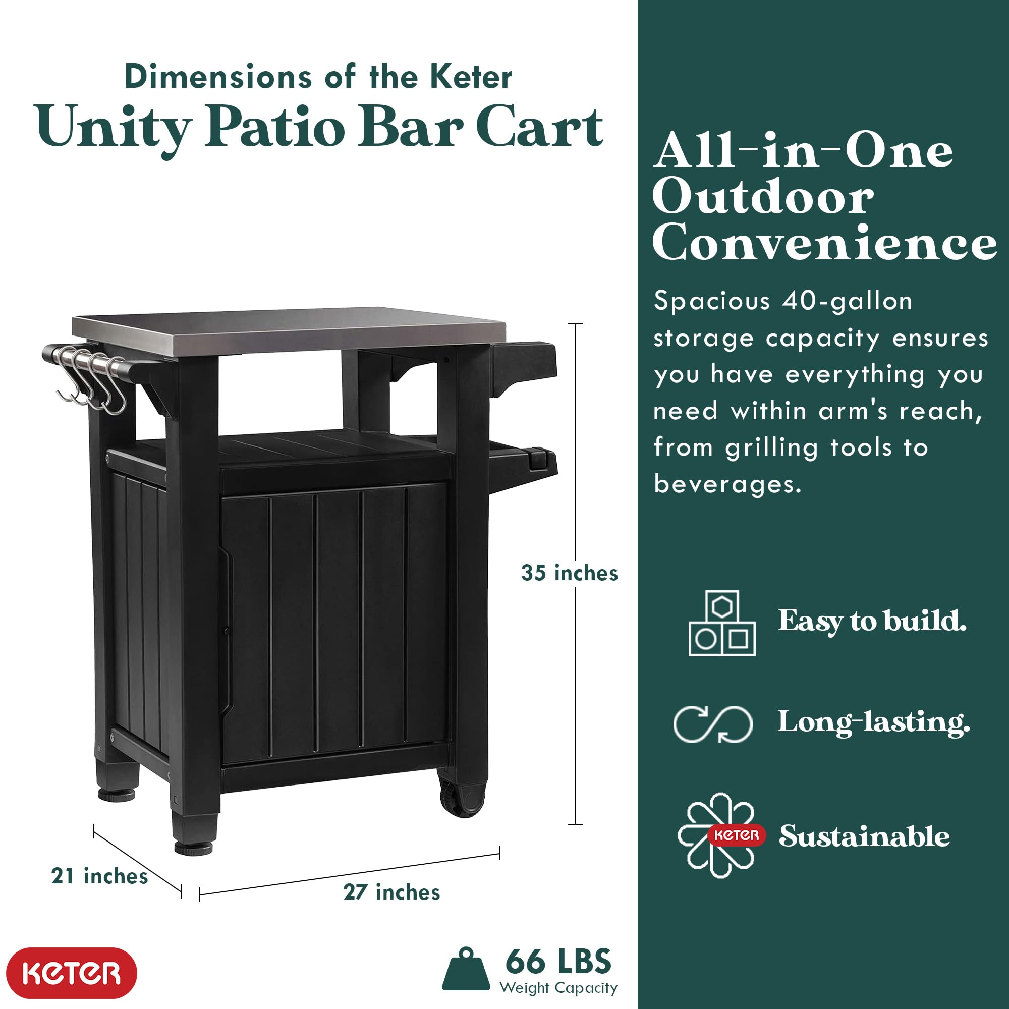 Keter Outdoor Grill Prep Table & Serving Cart, Stainless Steel Top, Unity, 40 Gal, Brown - Portable Bar Table and Cooking Accessory for Pool, Patio, Lawn, and Backyard