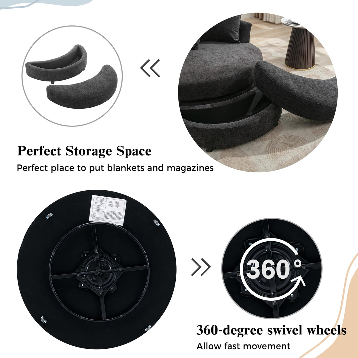 Chenille Swivel Chair with Storage Ottoman