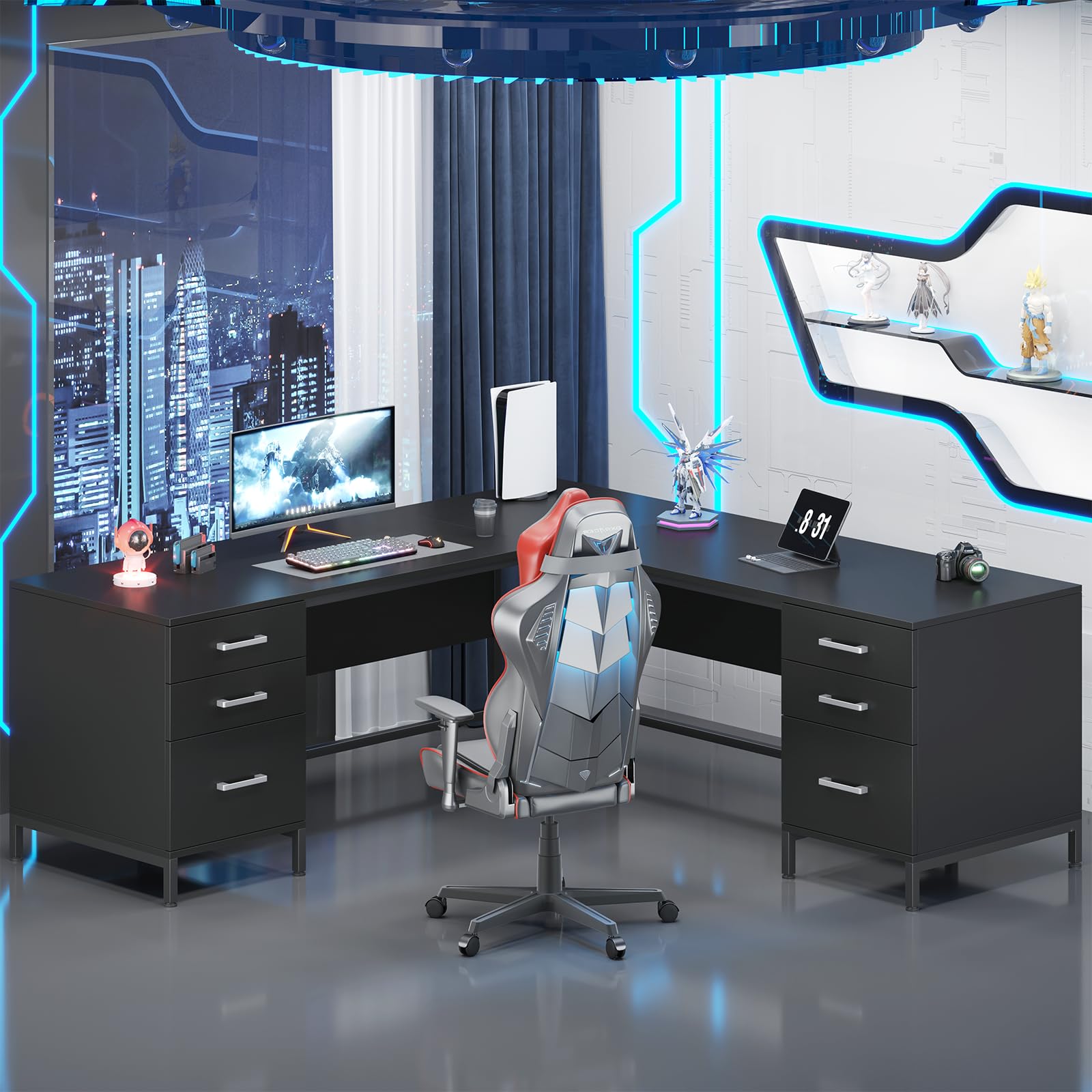 L-Shaped Corner Desk with 6 Drawers