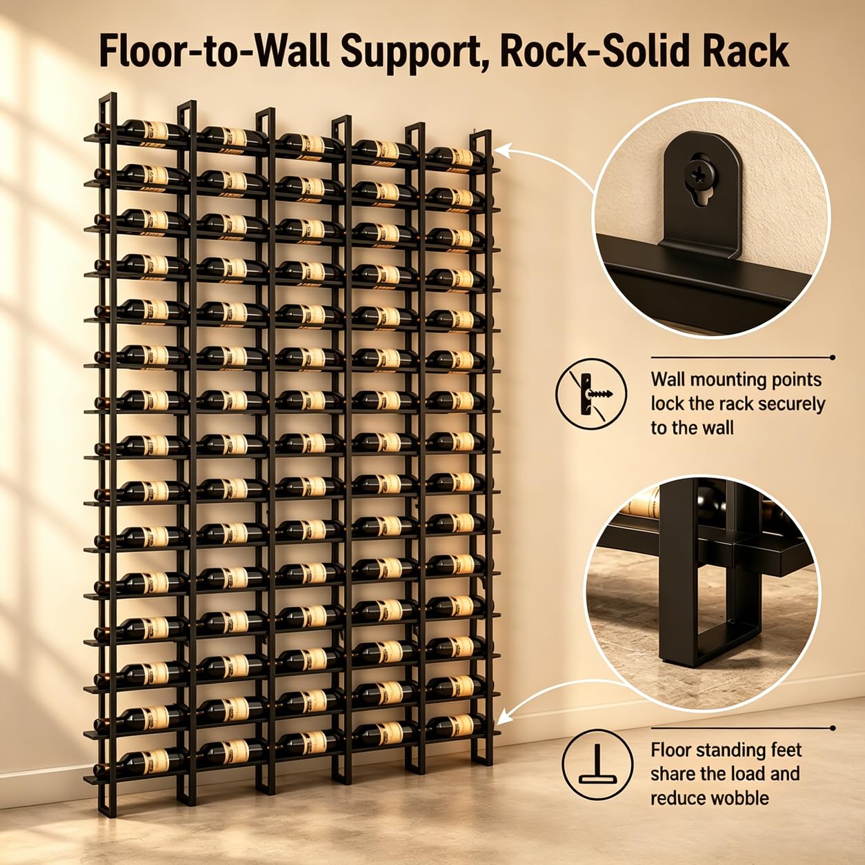 RAJYQODIS Large Wall Mount Wine Rack, 16 Tier 48 Bottle Wine Storage Organizer Display Holder, Metal Liquor Display for Wine Cellars, Home Bars, Kitchens, and Dining Rooms