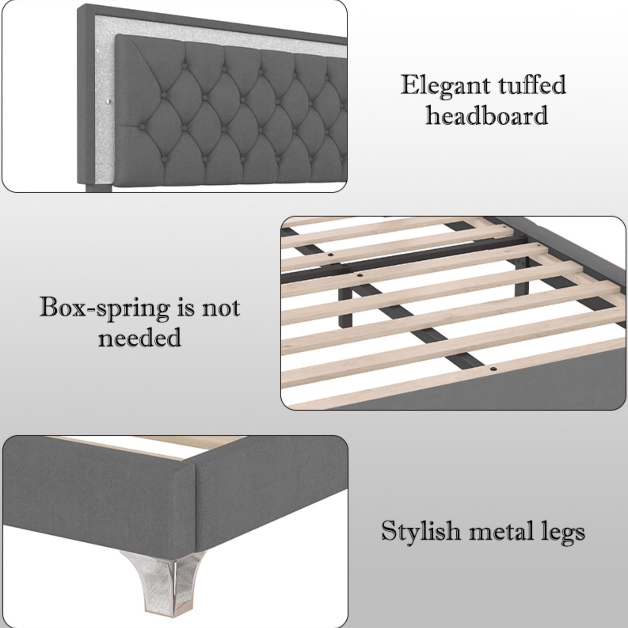 Queen Upholstered Platform Bed with LED & 2 Nightstands