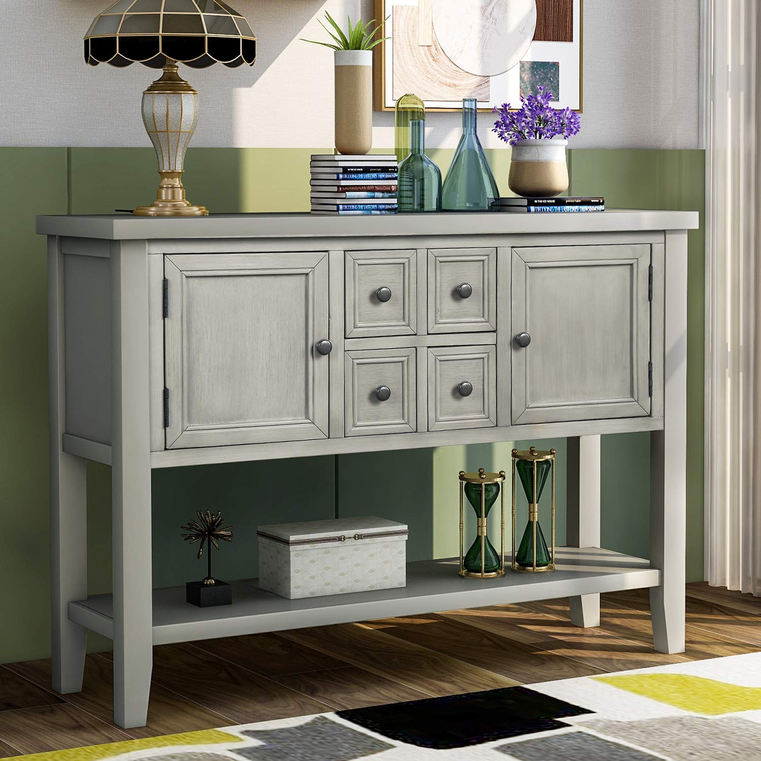 Merax Modern Wood Buffet Table with Storage Shelf, 2 Drawers and 2 Cabinets Buffet Coffee Bar Cabinet for Living Room Dinning Room Kitchen (Antique Gray)