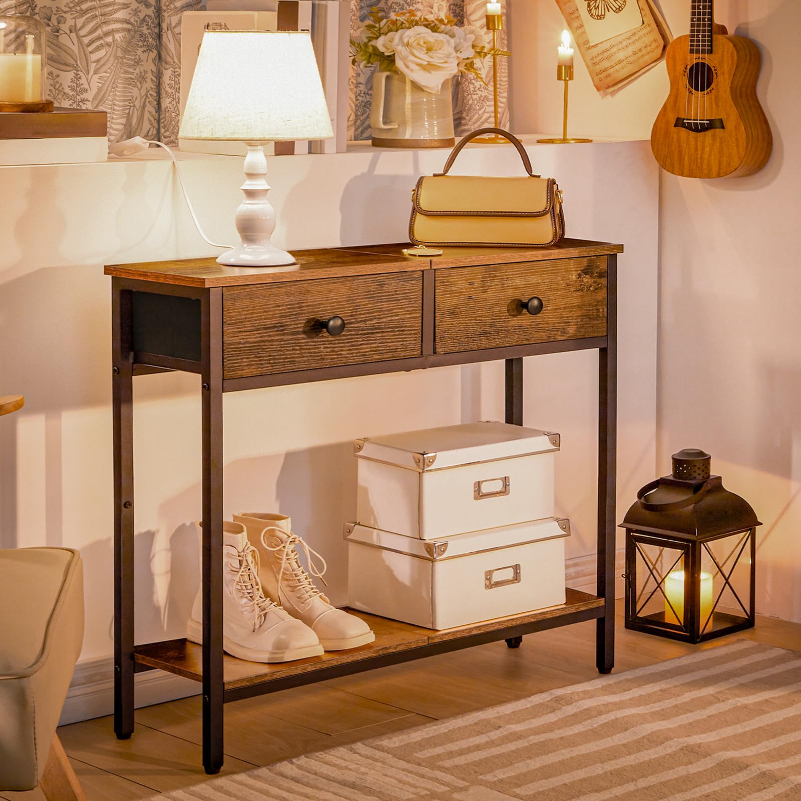 HOOBRO 29.5" Narrow Console Table with 2 Fabric Drawers, Small Entryway Table with 2-Tier Storage Shelves, Sofa Table, Behind Couch Table, for Living Room, Hallway, Rustic Brown and Black BF71XG01