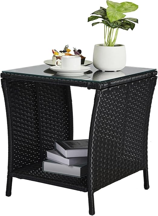 Wicker Outdoor Side Table with Tempered Glass Top & Storage Shelf