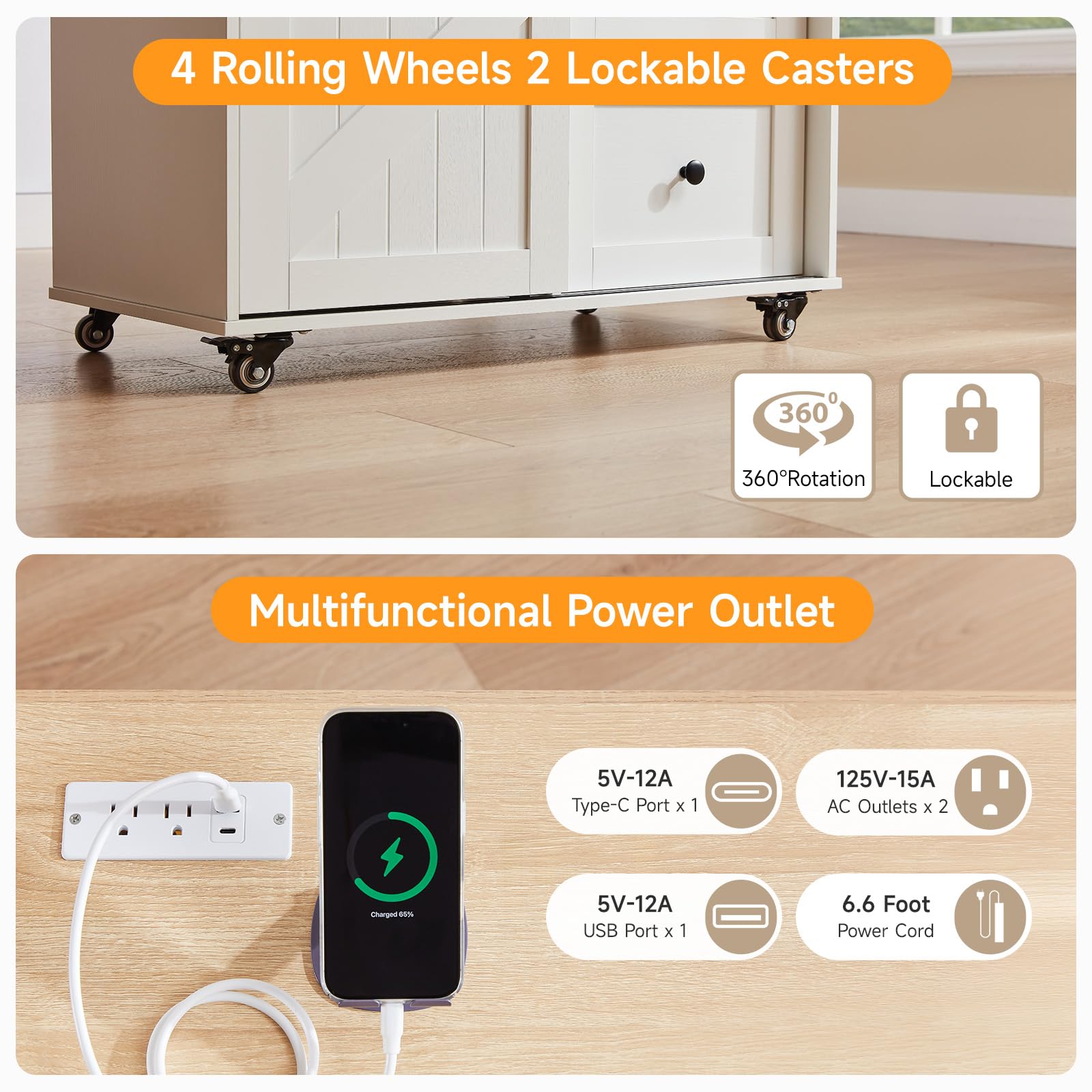 Kitchen Island with Drop Leaf & Power Outlet