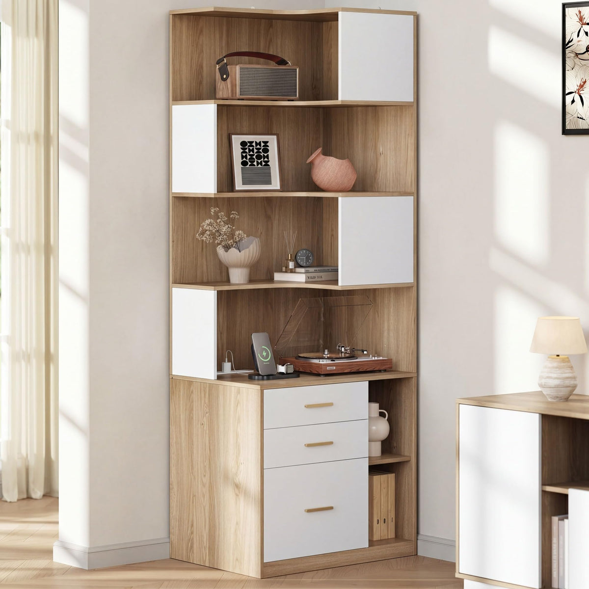 Corner Bookshelf with Drawers & Charging Ports