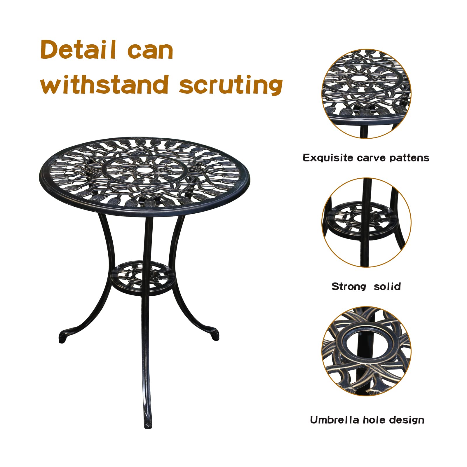 3-Piece Cast Aluminum Patio Bistro Set with Umbrella Hole