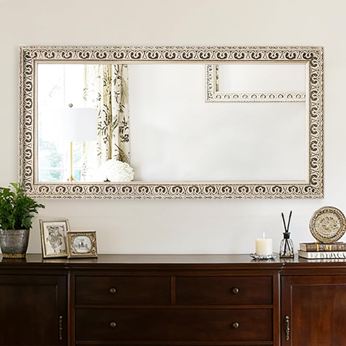 Vintage White Wall Mirror with Butterfly Carvings & Solid Wood Frame