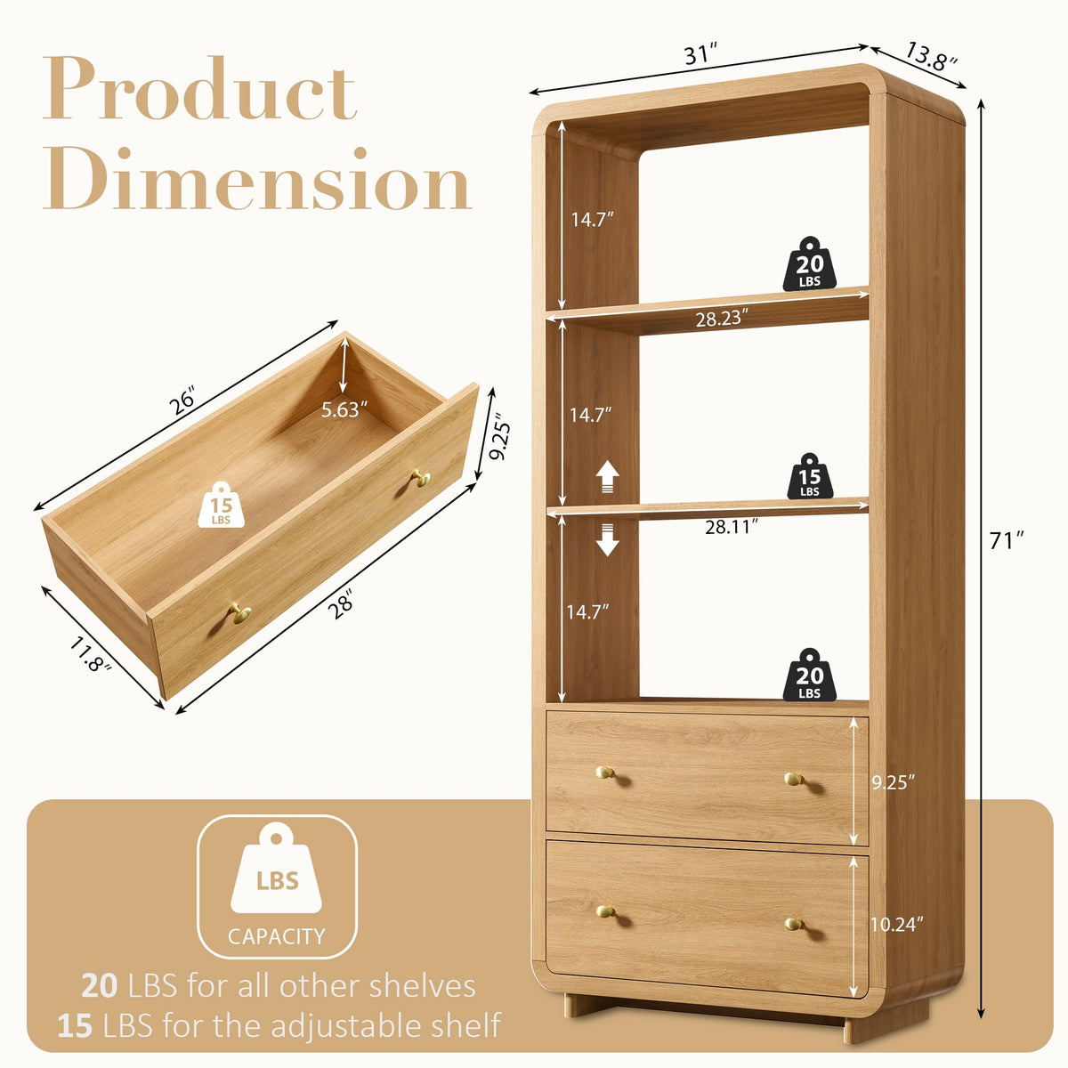 Curved Bookcase with 2 Drawers