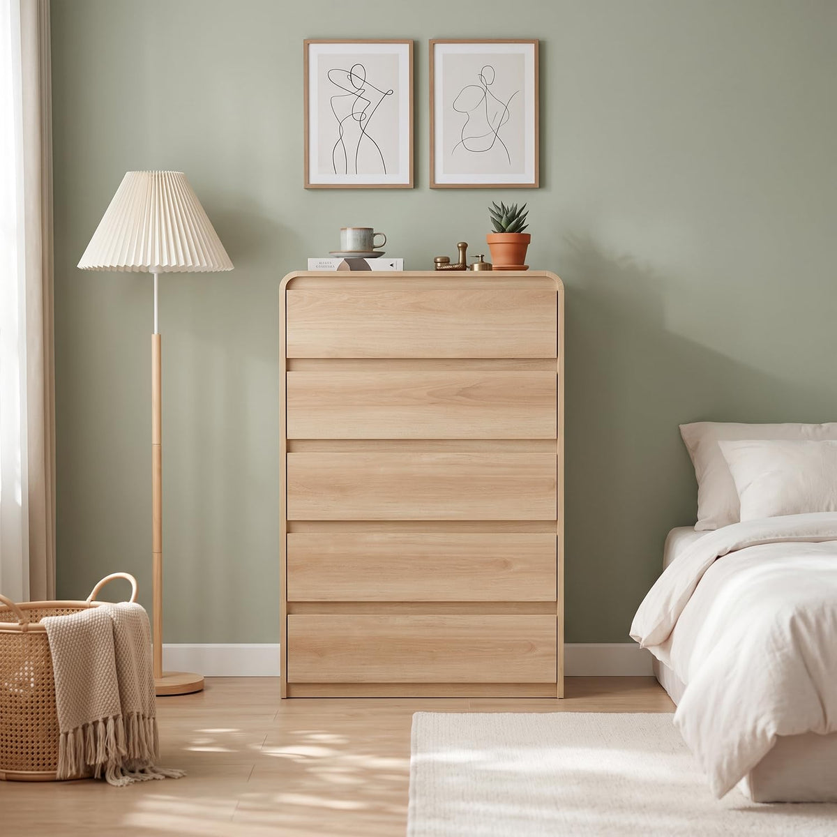 Madaha 5 Drawer Dresser for Bedroom,Curved Edge Design Modern Dressers & Chest of Drawers, Nursery Dresser Natural Oak