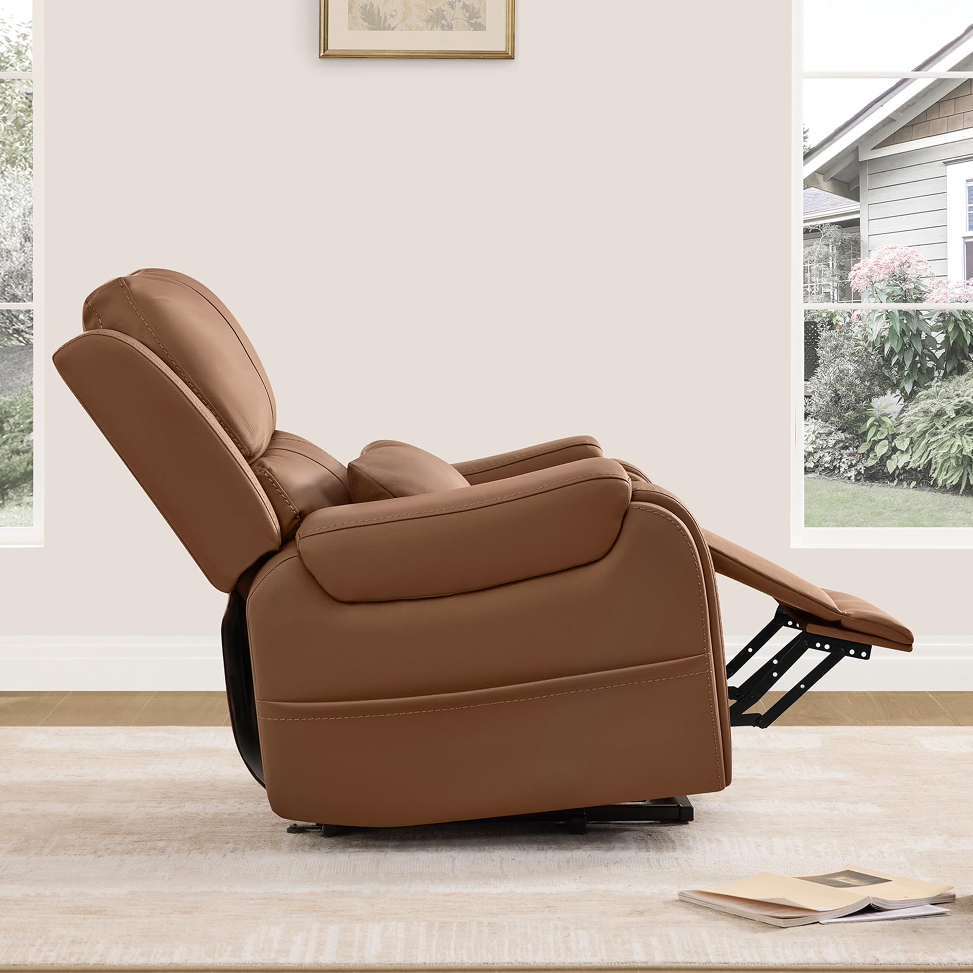 CHITA Power Lift Recliner Chair for Elderly with Heat and Massage, Genuine Leather Electric Lift Chairs with Cup Holder, Removable Lumbar Pillow, 2 Side Pockets, Leather in Saddle