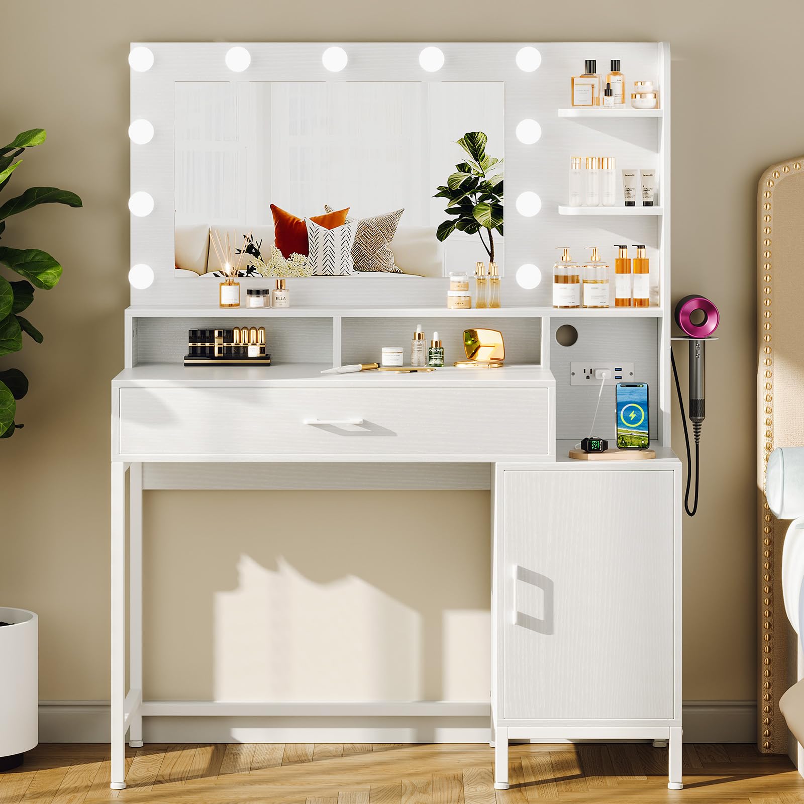 Driftalia Vanity Desk with Mirror and Lights, Makeup Vanity with Storage Drawer, Power Outlet and Large Cabinet for Bedroom - White