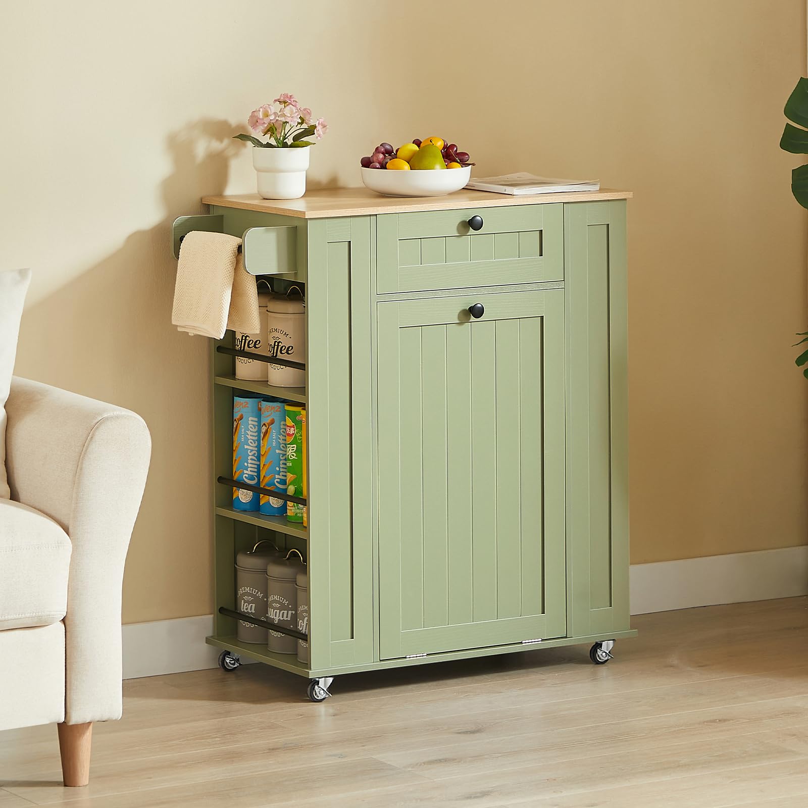 Rolling Kitchen Island with Trash Cabinet & Power Outlet