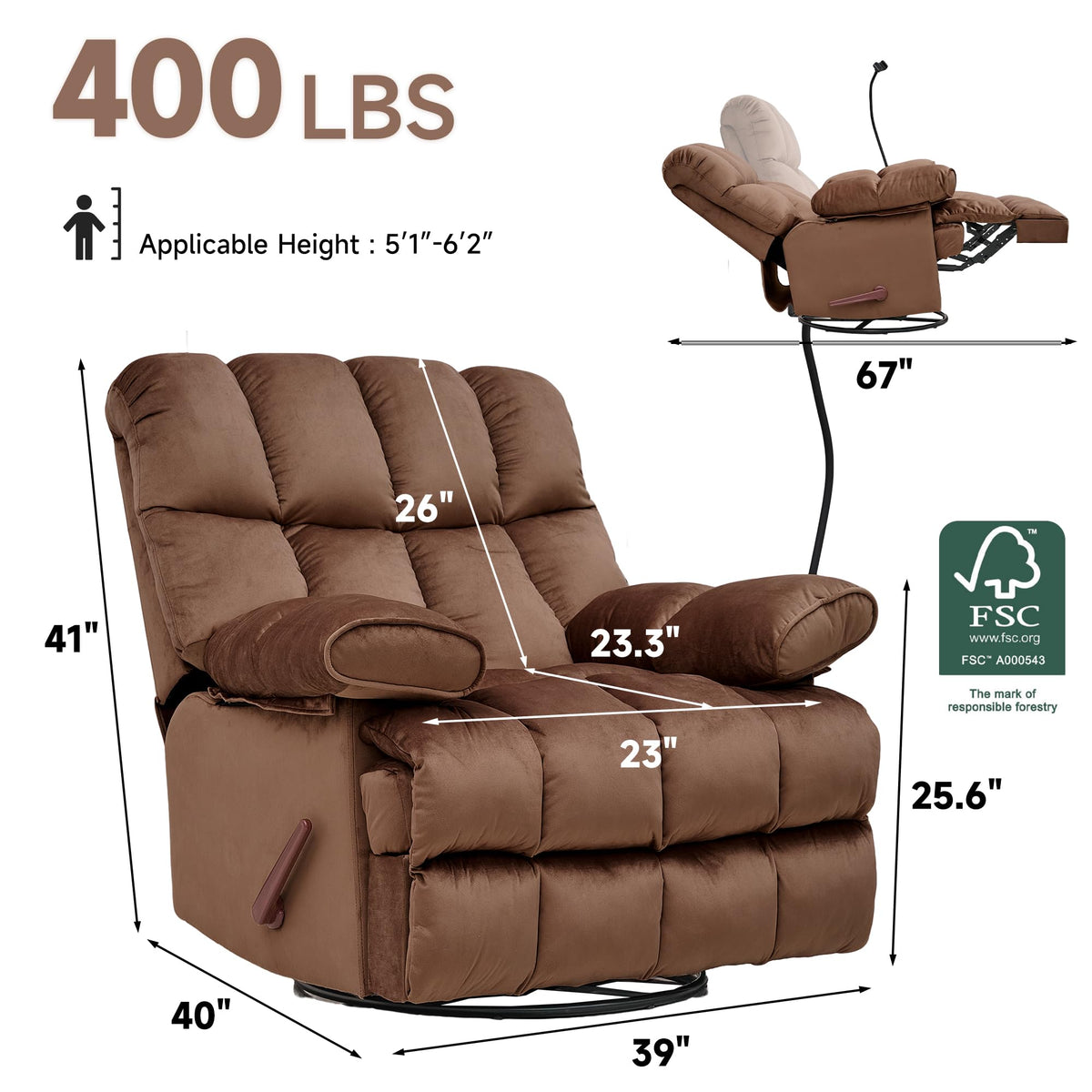 Euthymia Oversized Recliner Chairs 360° Swivel Rocking Big Mans Recliners