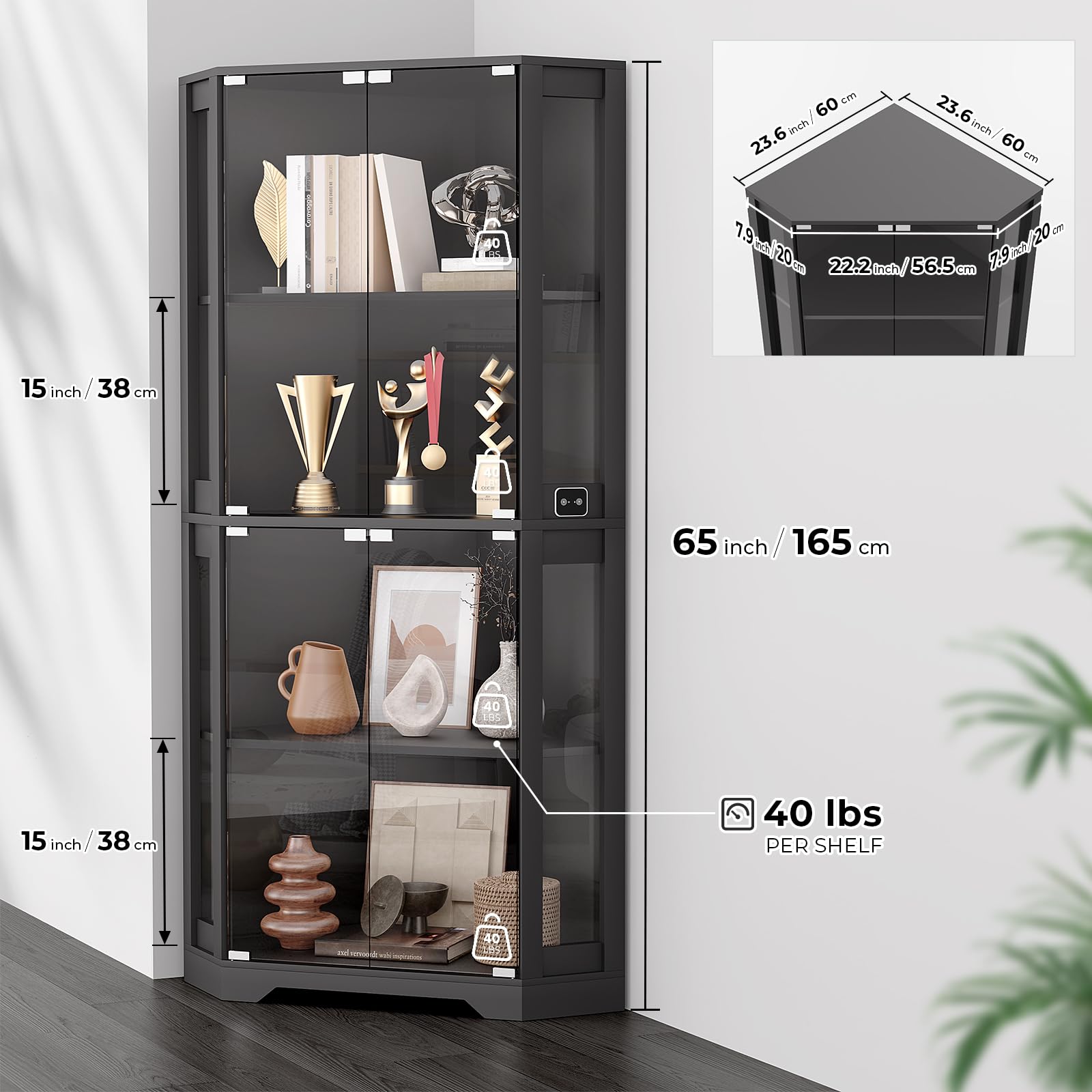 4-Tier Corner Glass Display Cabinet with LED Lights