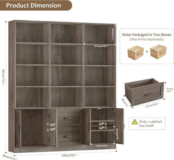 Triple-Wide Bookcase with Drawers & Doors